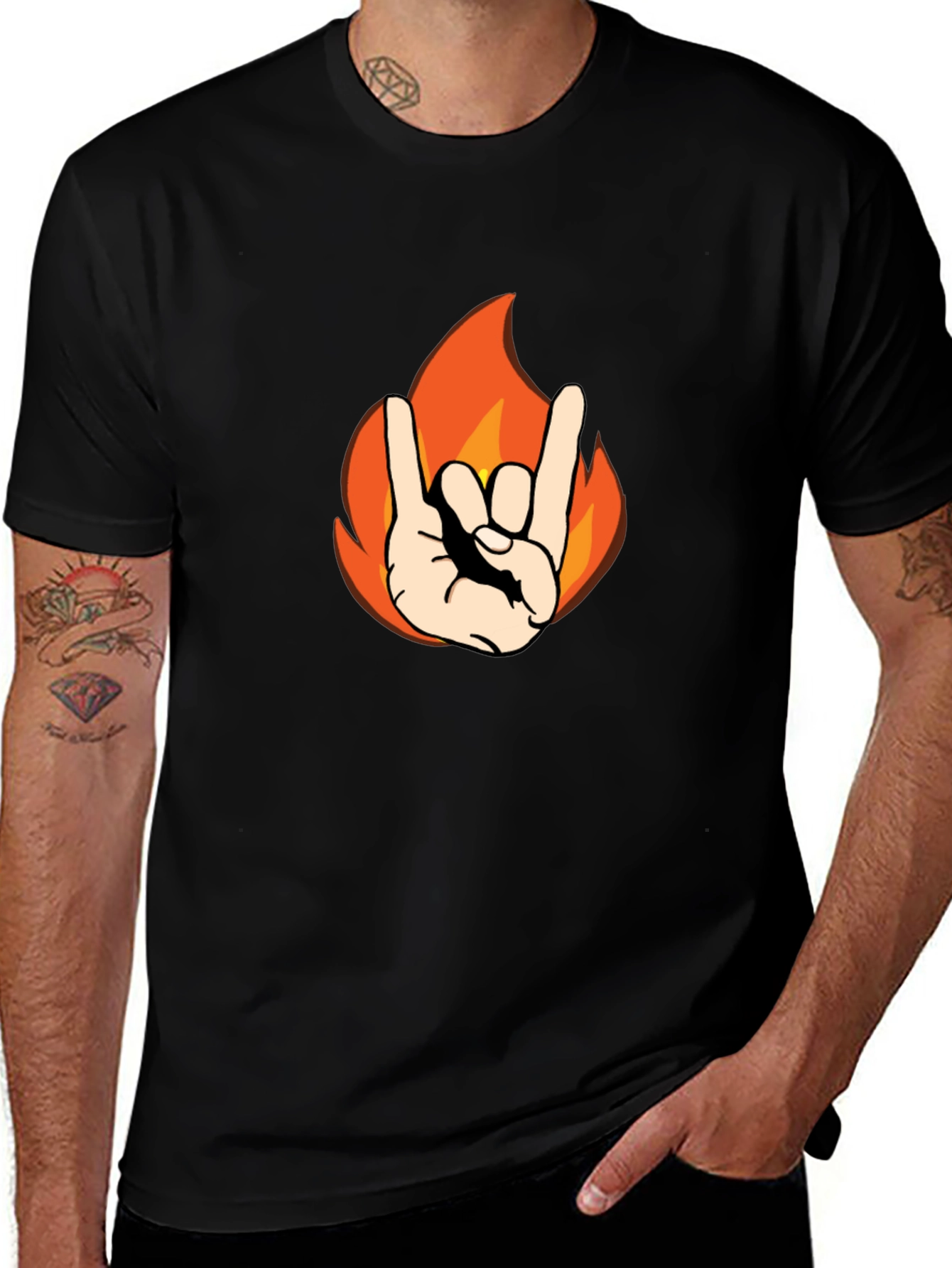 Variant 4 of Rock On! Graphic Tee - Cool Flame Hand Gesture Design