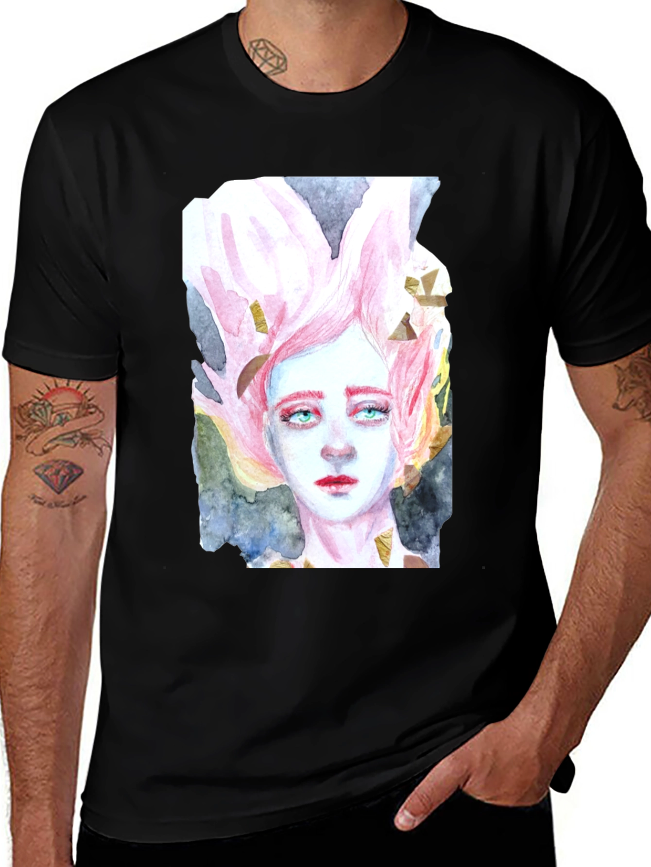 Black Watercolor Portrait Graphic T-Shirt main image