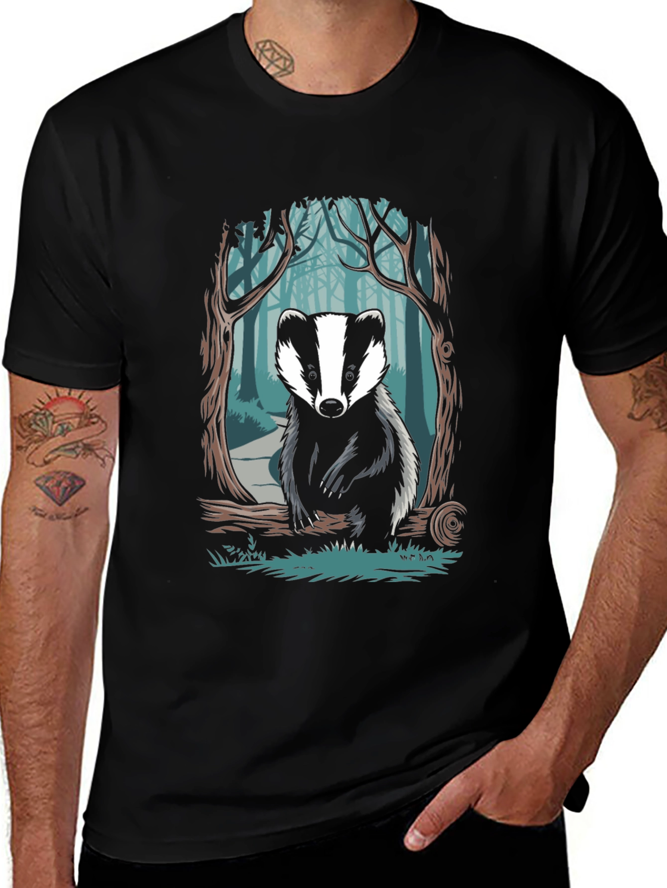 Variant 9 of Badger Forest Graphic Tee - Nature Inspired Design