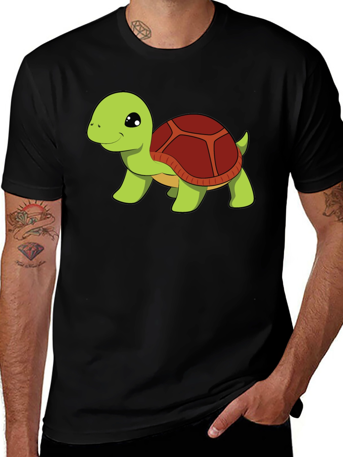 Variant 29 of Cute Turtle Graphic Tee - Black Cotton T-Shirt