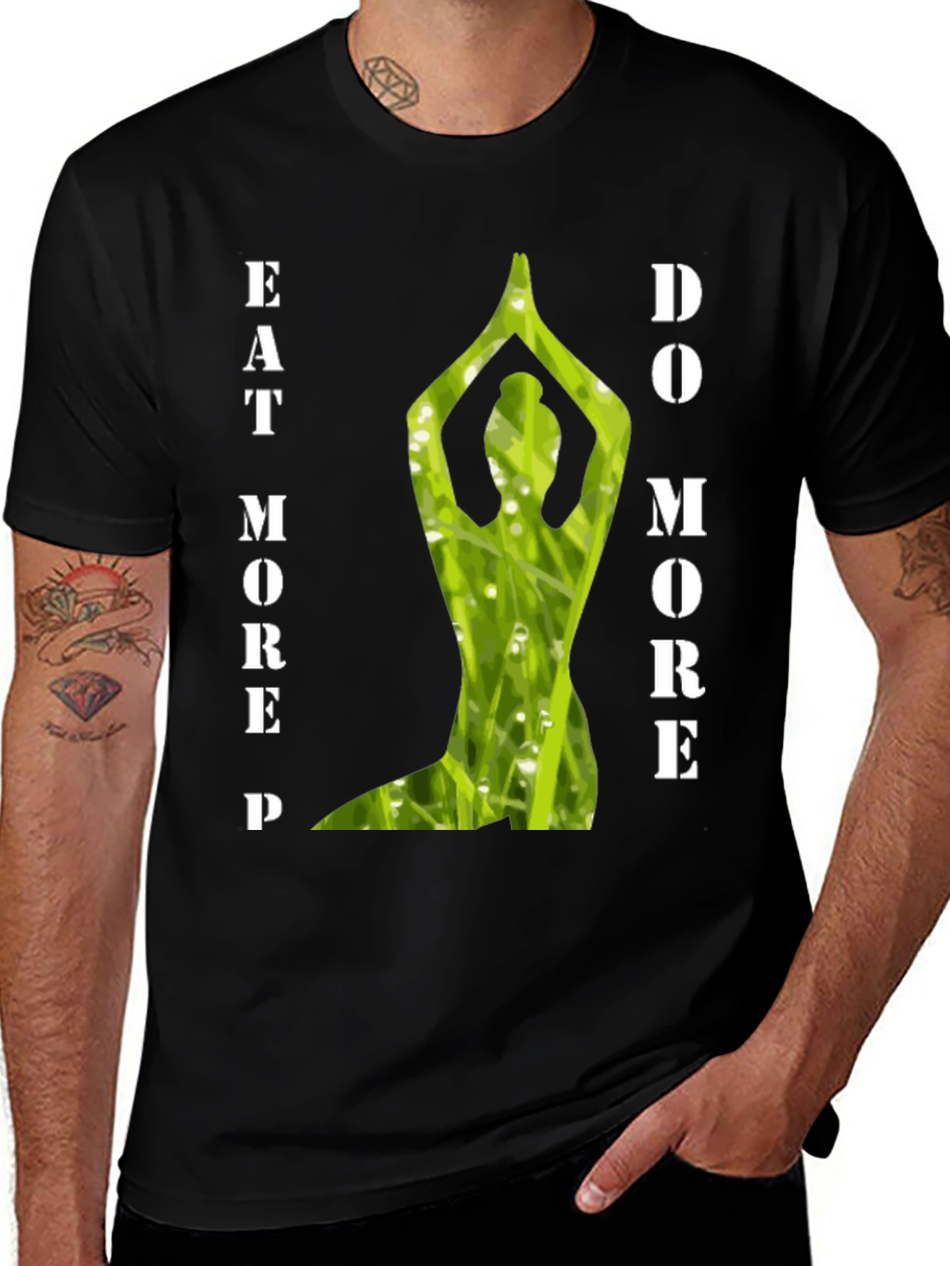 Variant 4 of Eat More Do More T-Shirt Yoga Pose Grass Design