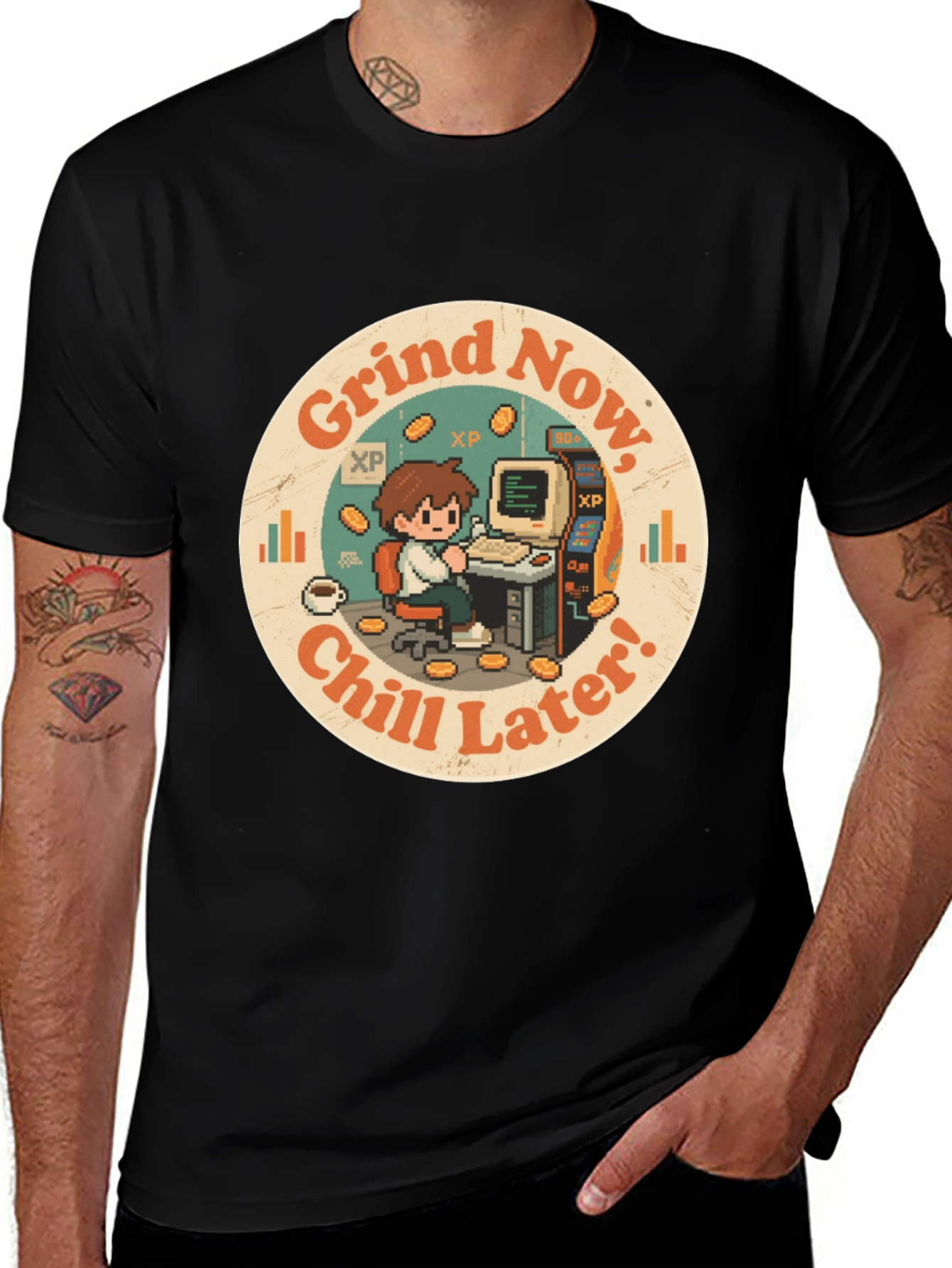 Black Grind Now, Chill Later T-Shirt - Gamer Style main image