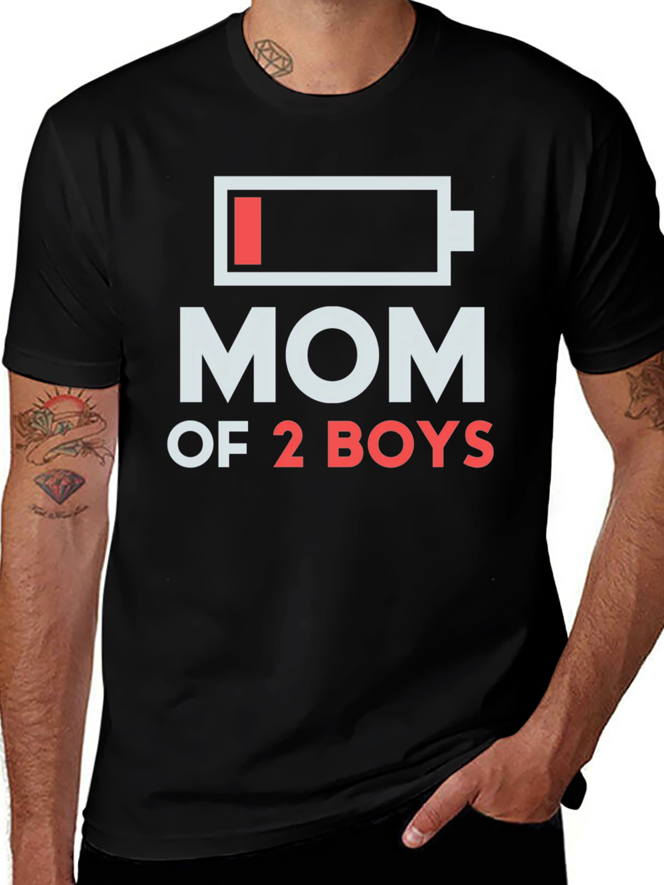 Mom of 2 Boys T-Shirt Battery Low Funny Mother Tee