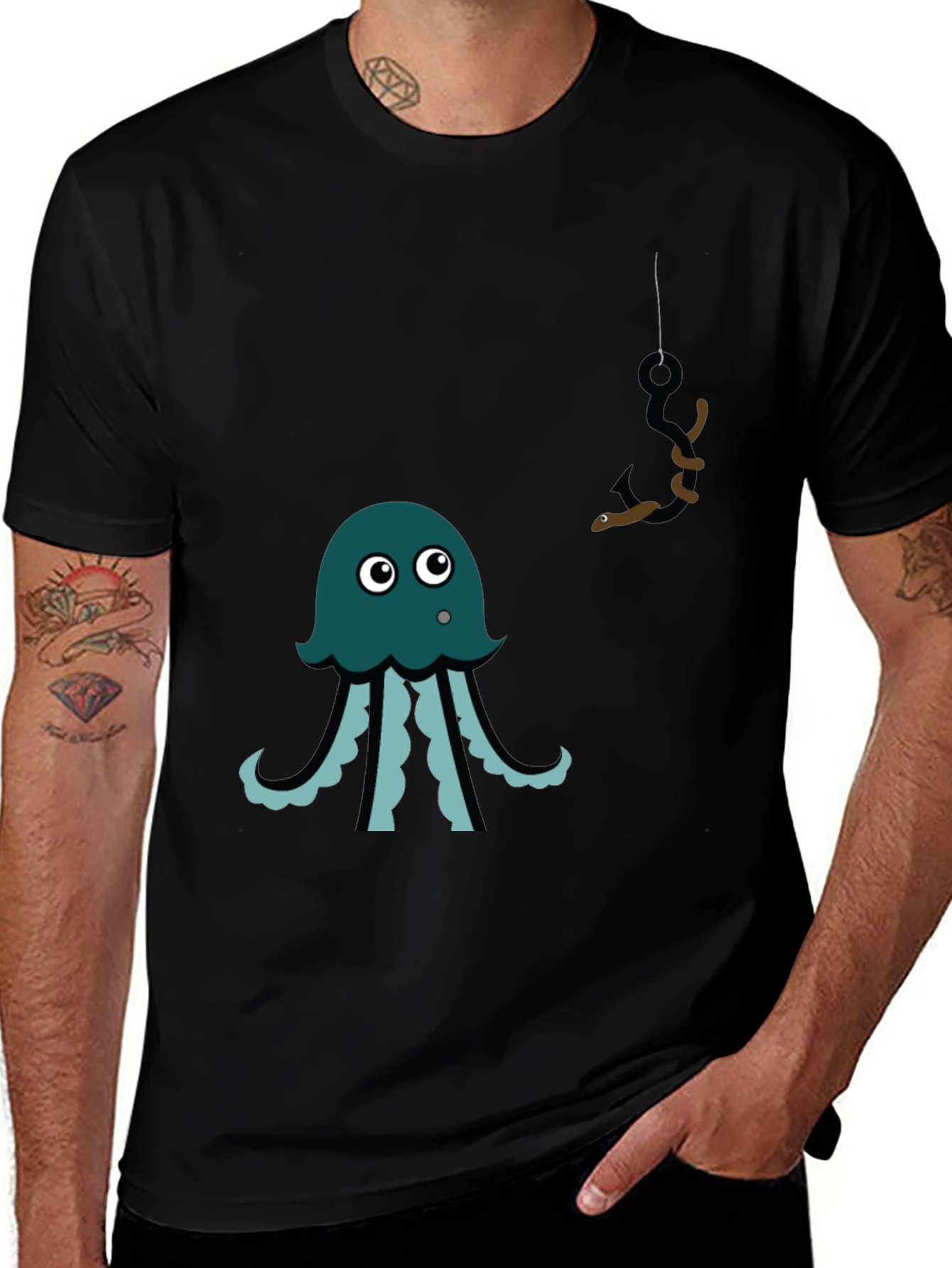 Octopus Fishing Graphic Tee - Men's Black T-Shirt