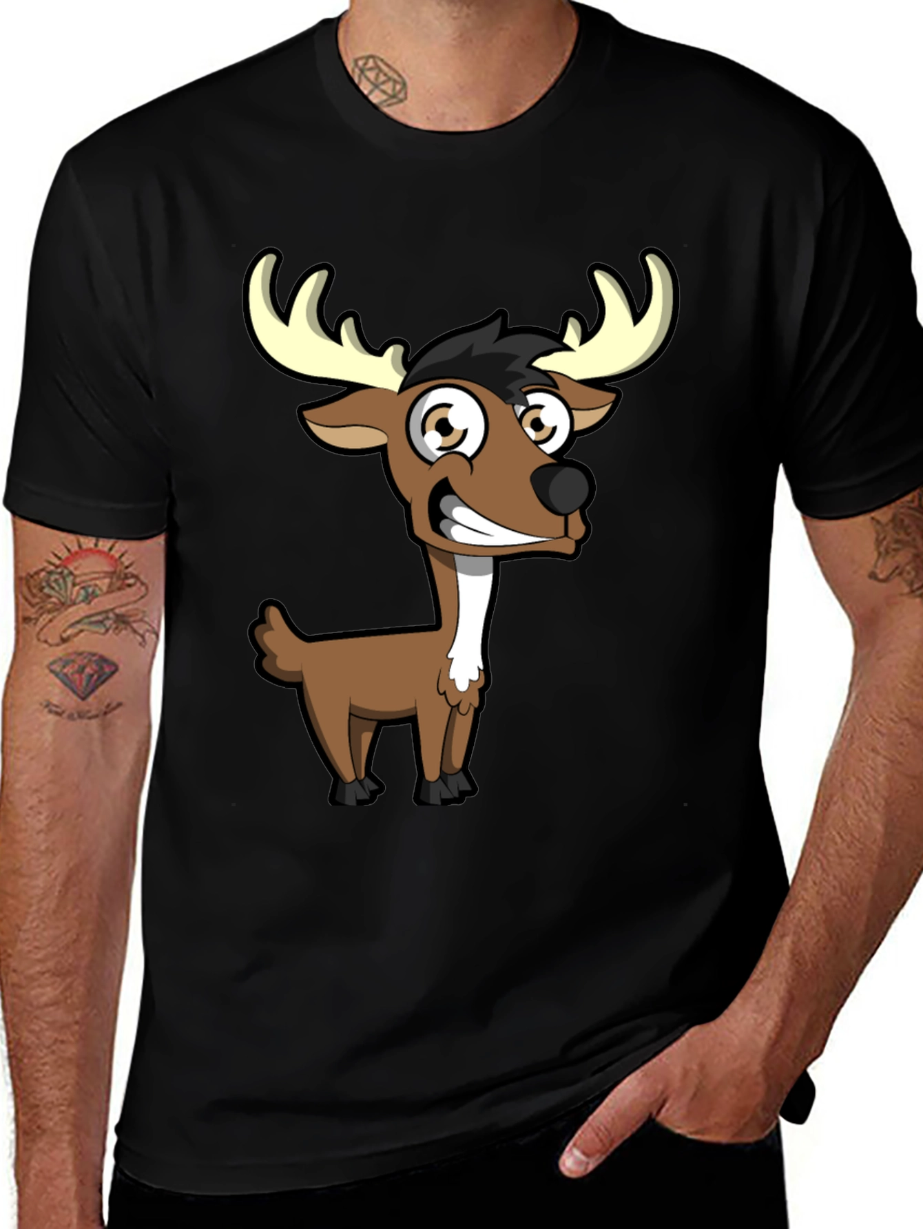 Variant 5 of Cartoon Deer Graphic Tee - Black Crew Neck