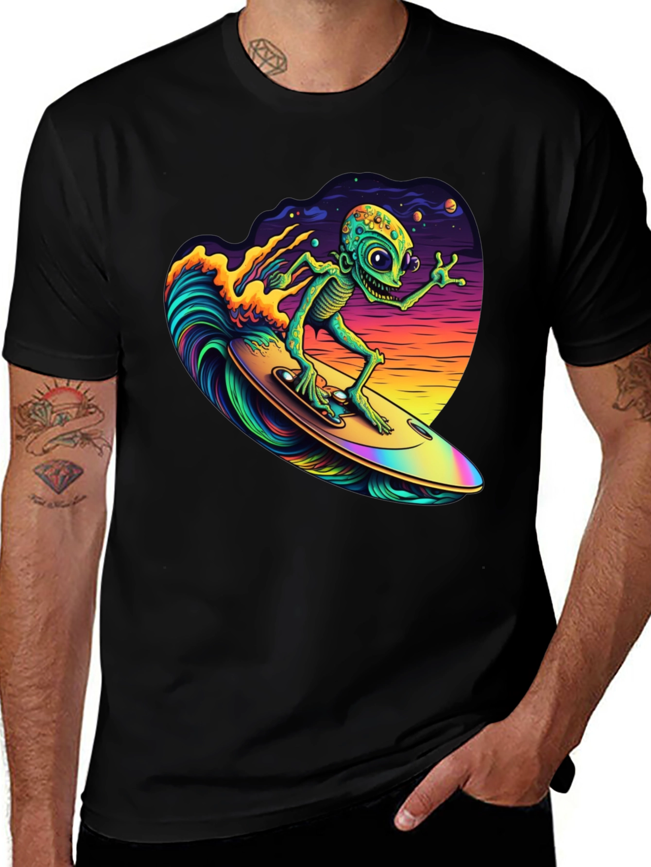 Variant 10 of Surfing Alien T-Shirt - Black Cotton Tee