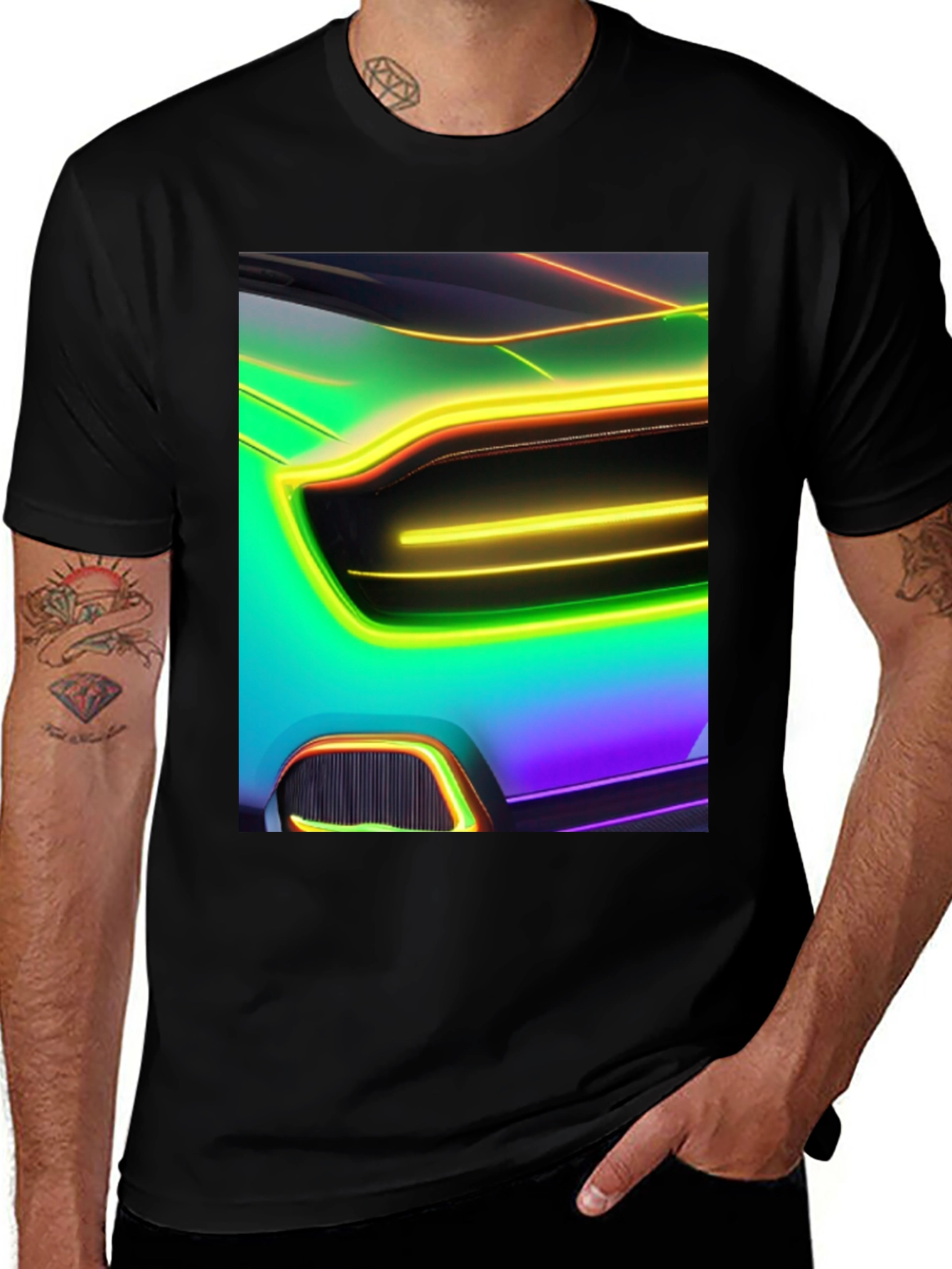 Variant 24 of Neon Car T-Shirt - Black Cotton Graphic Tee
