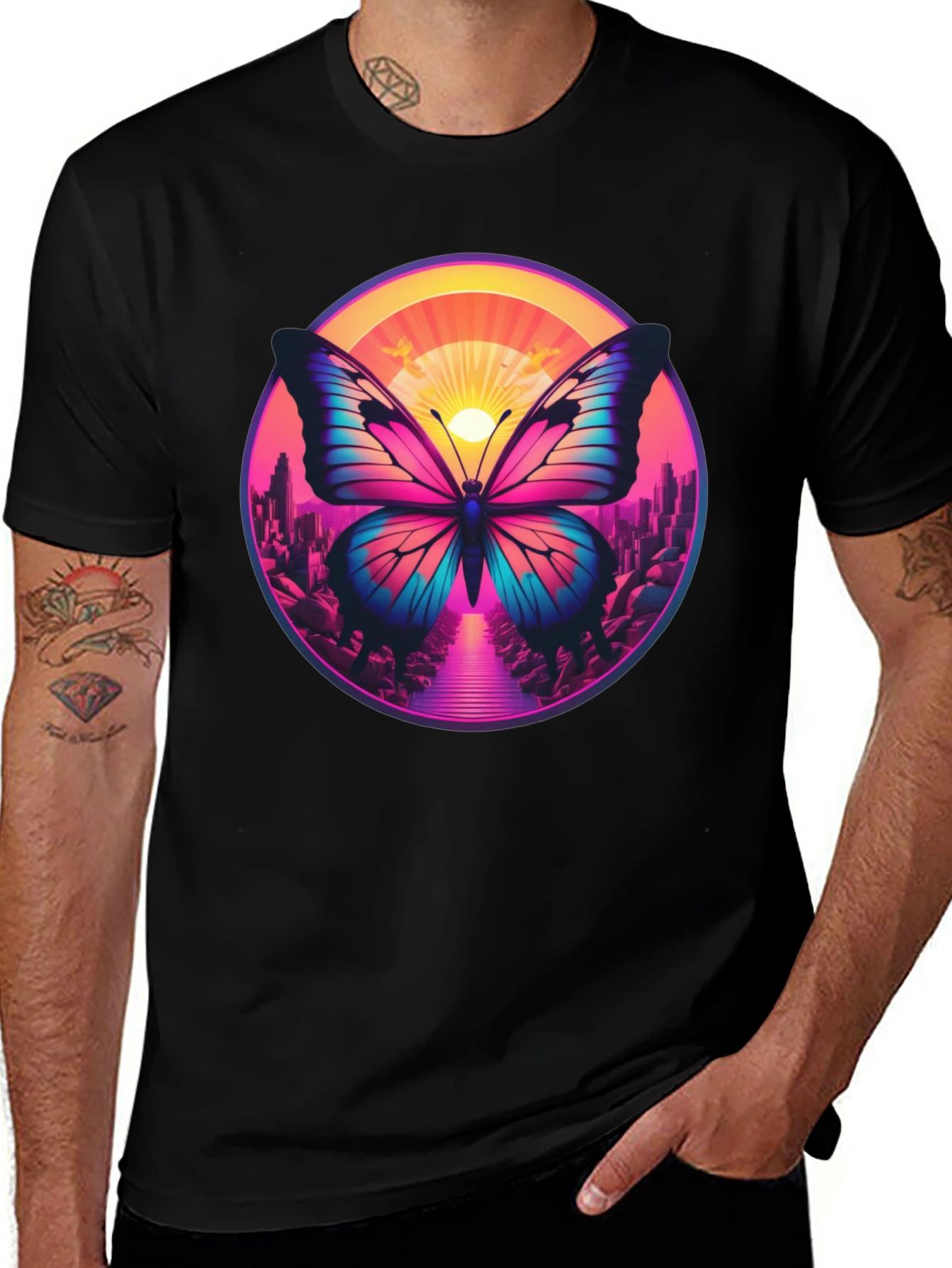 Variant 11 of Butterfly Cityscape Graphic Tee - Retro Style