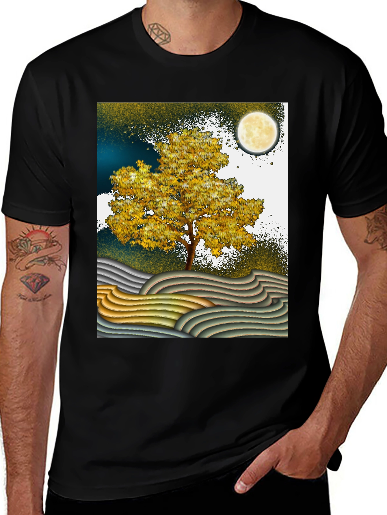 Variant 30 of Artistic Landscape T-Shirt: Tree, Moon, and Waves