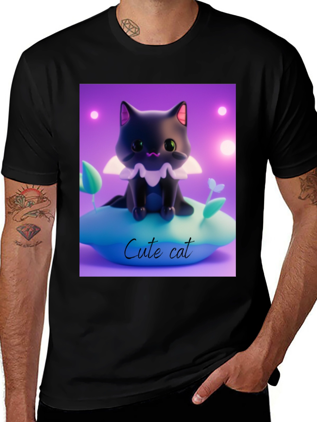 Variant 29 of Cute Cat Graphic Tee - Black Cotton Comfort
