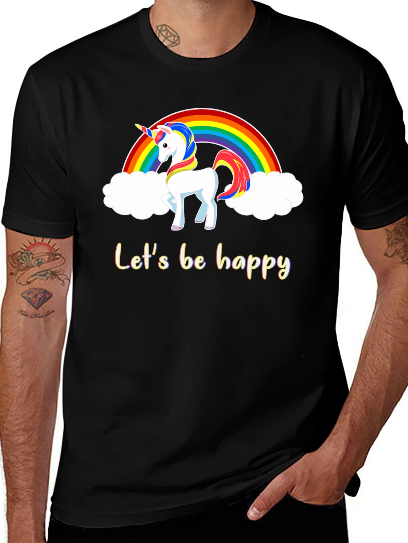 Variant 21 of Unicorn Rainbow Graphic Tee - Let's Be Happy Black T-Shirt