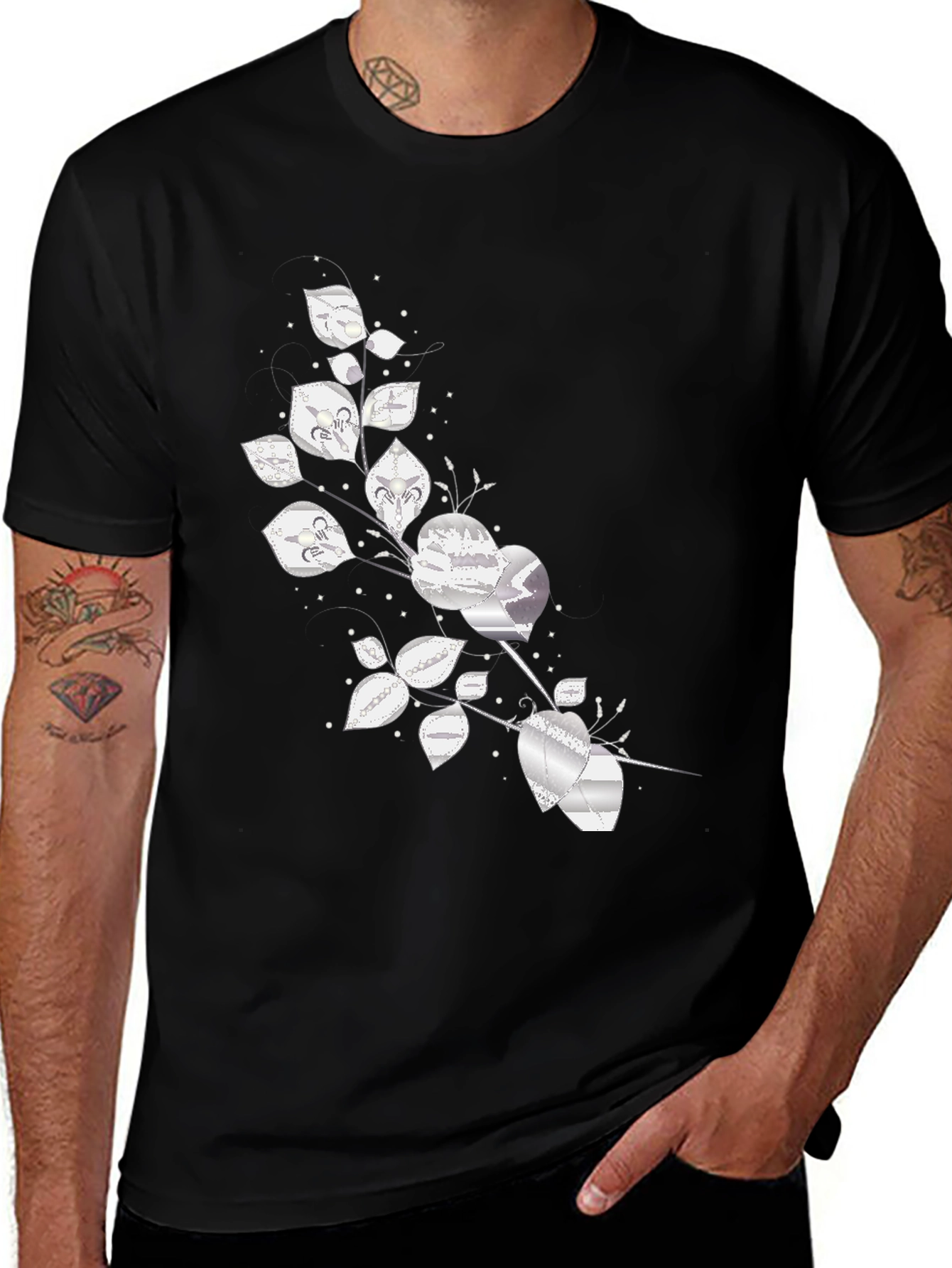 Variant 21 of Silver Floral Design Black Tee