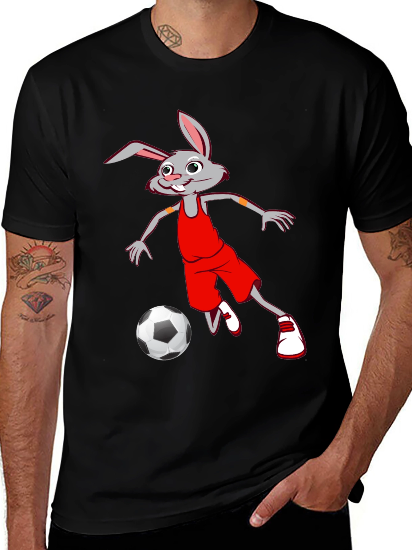 Variant 18 of Funny Bunny Soccer Graphic Tee - Black Cotton T-Shirt
