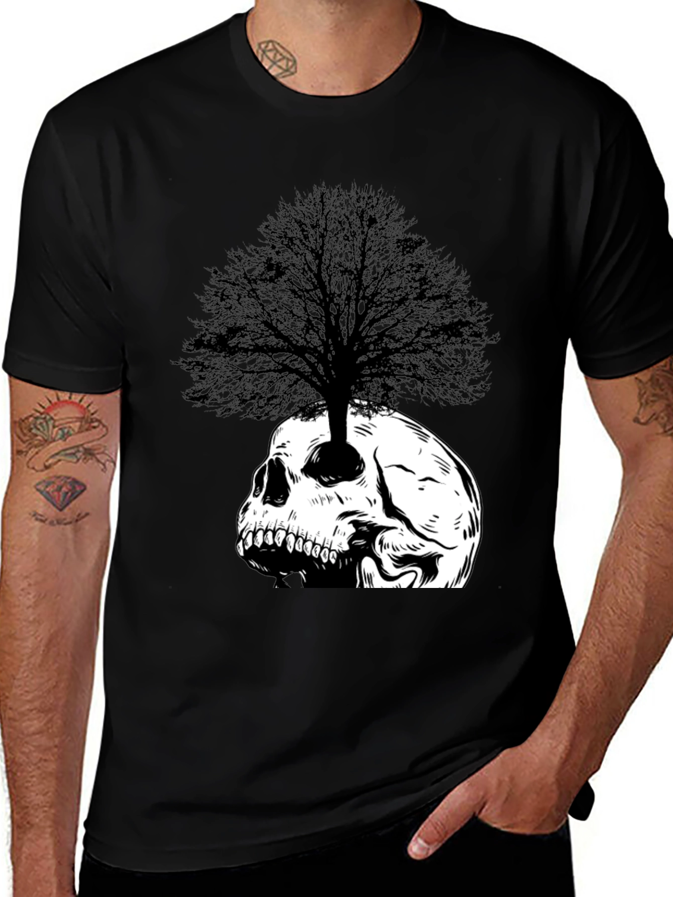 Variant 17 of Skull Tree Graphic Tee - Black Cotton T-Shirt
