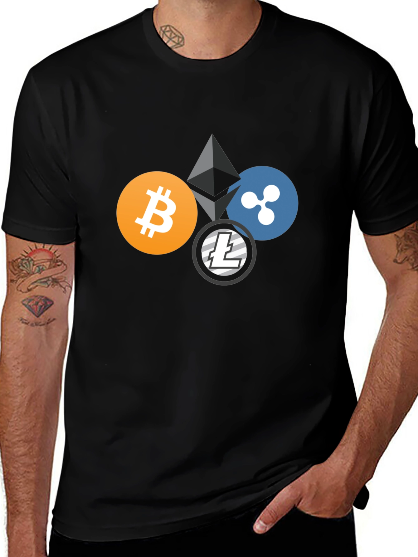 Variant 28 of Crypto T-Shirt: Bitcoin, Ethereum, Ripple, Litecoin