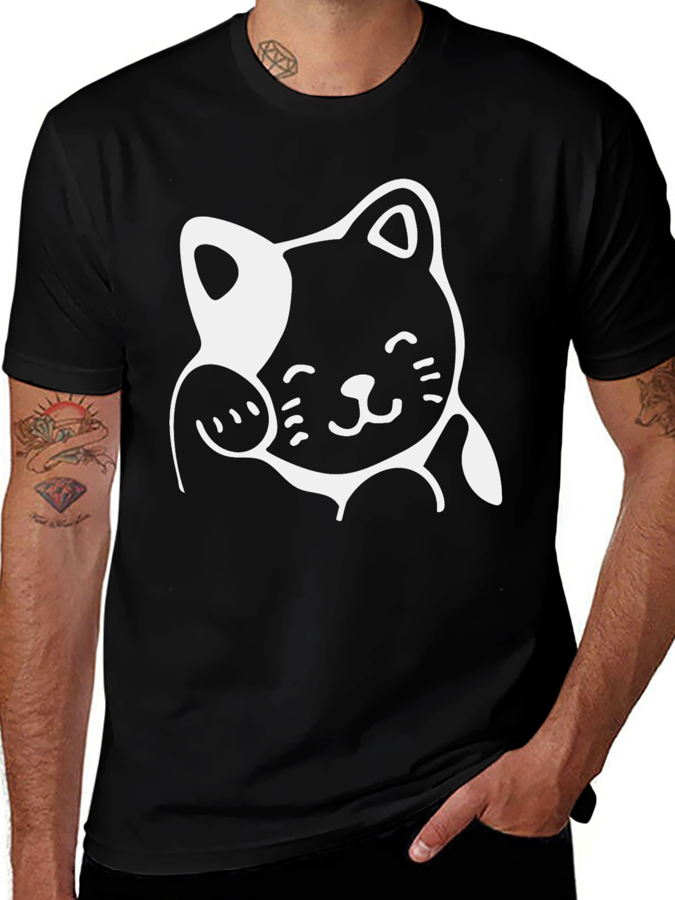 Variant 5 of Cute Cartoon Cat Graphic Print Black T-Shirt