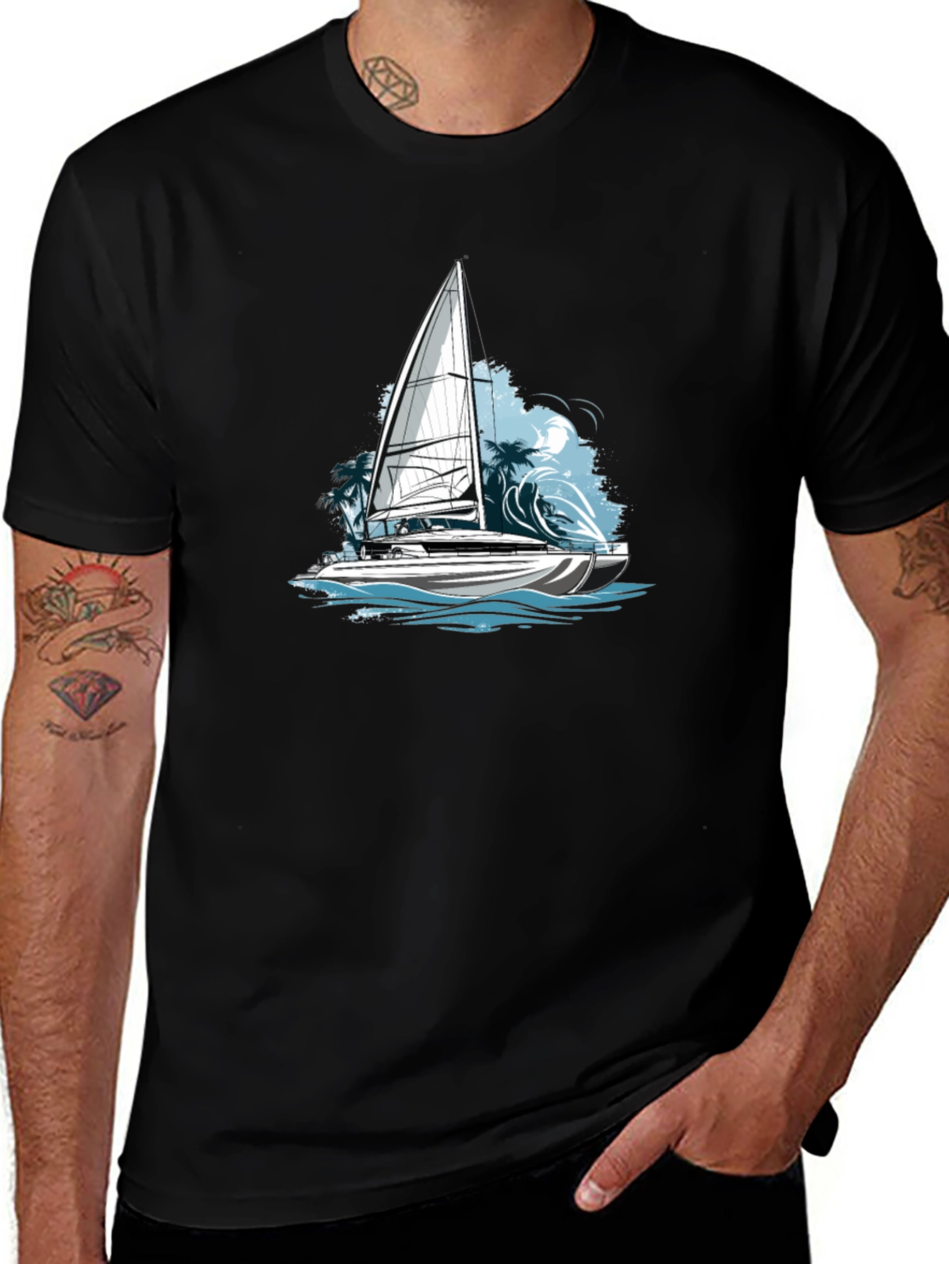 Variant 28 of Nautical Sailboat Graphic Tee - Black Cotton Blend
