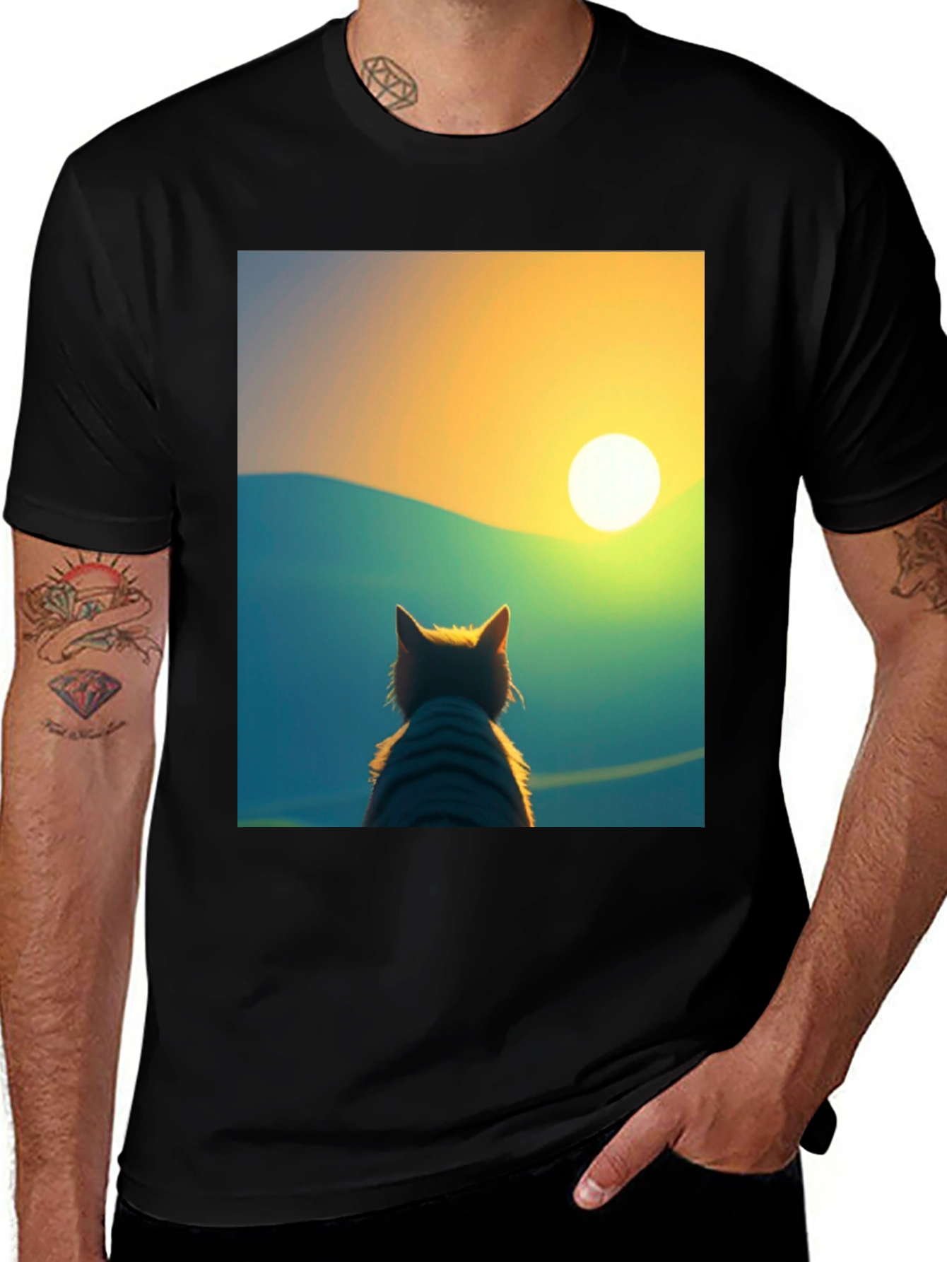 Variant 30 of Cat Sunset Graphic Black T-Shirt