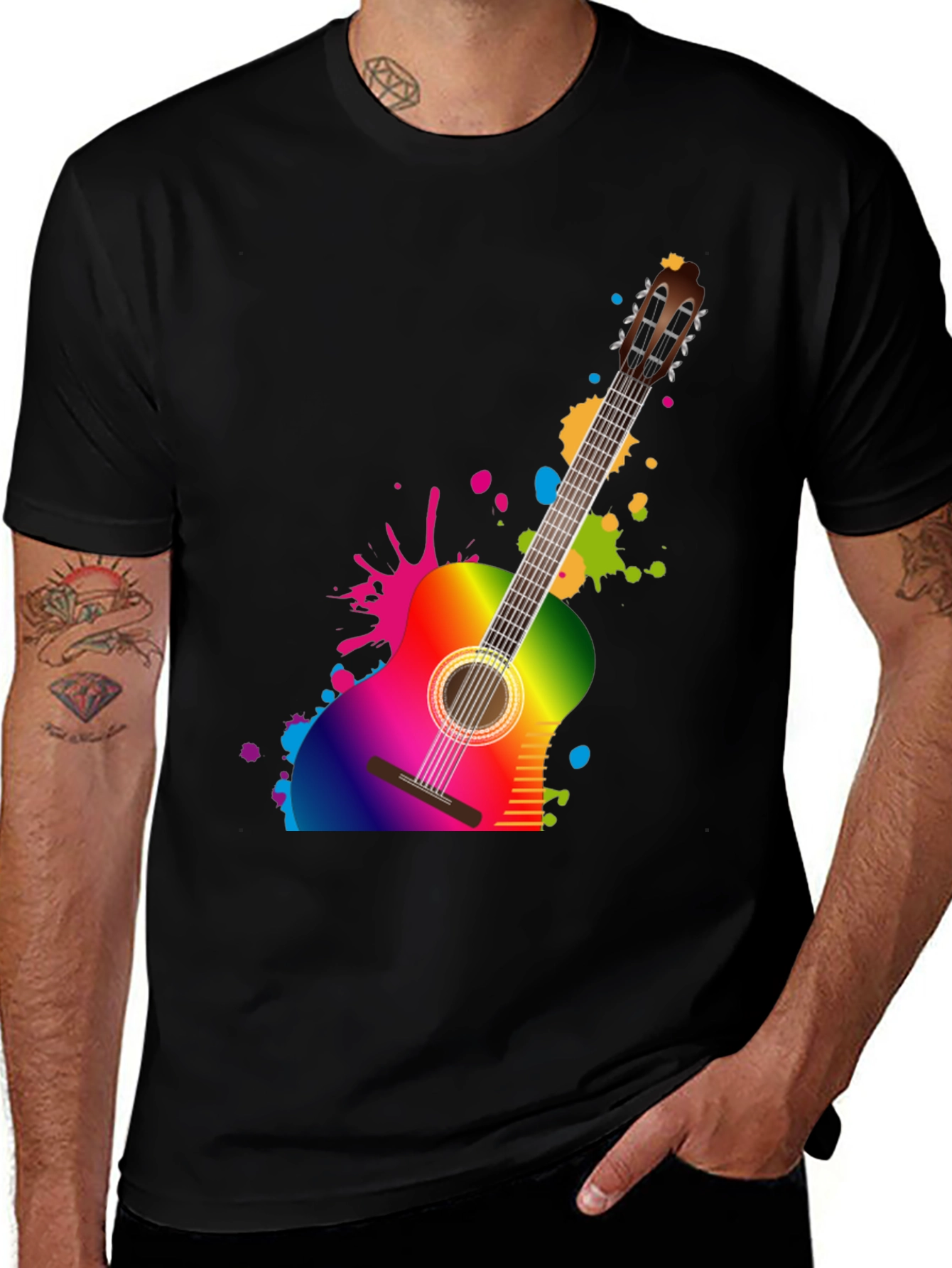 Variant 13 of Rainbow Guitar Graphic Black T-Shirt