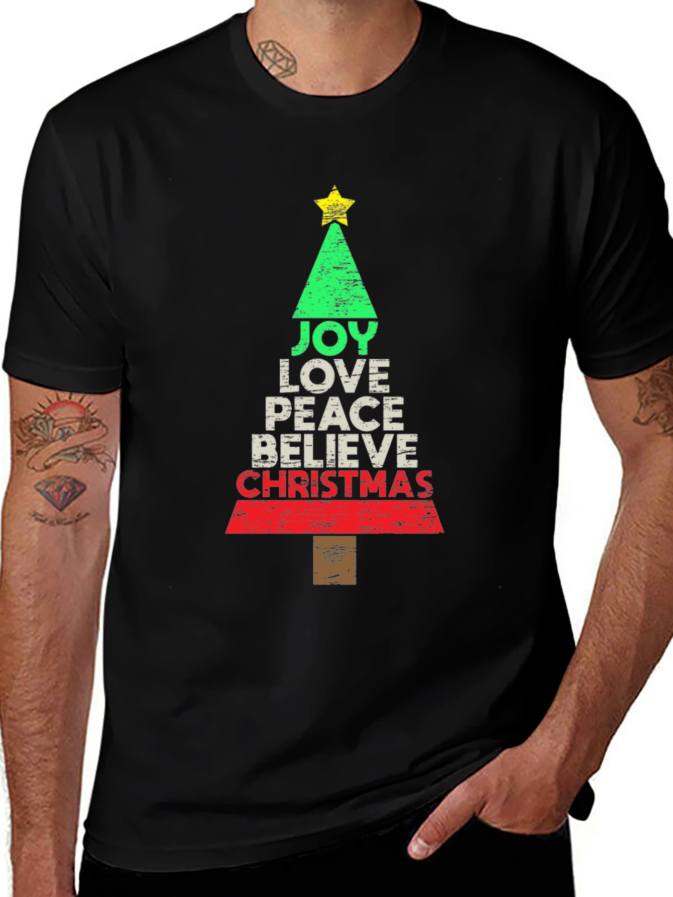 Variant 22 of Joy Love Peace Christmas Tree Holiday Graphic Tee