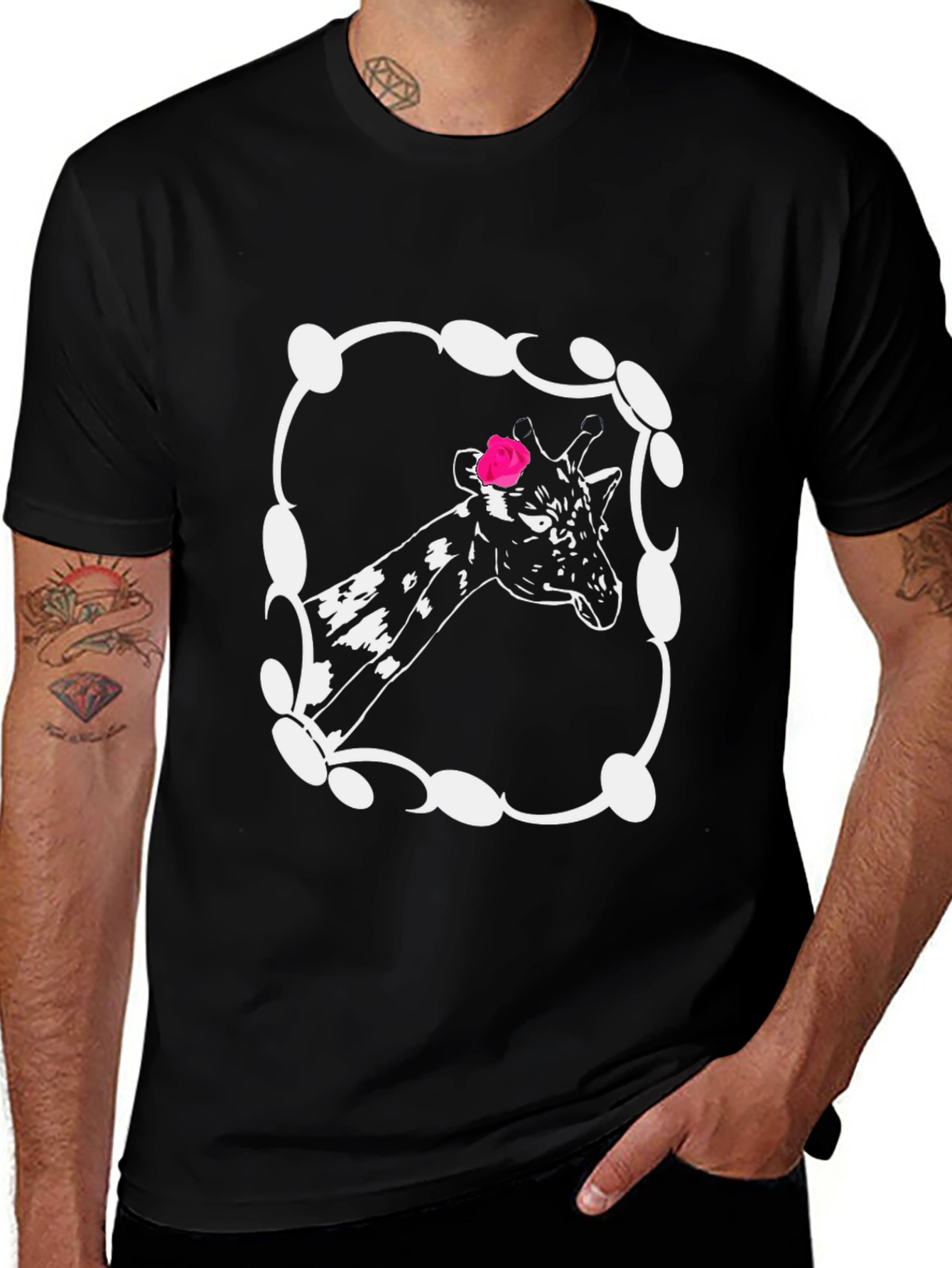 Variant 10 of Giraffe Rose Graphic Tee - Unisex Black T-Shirt