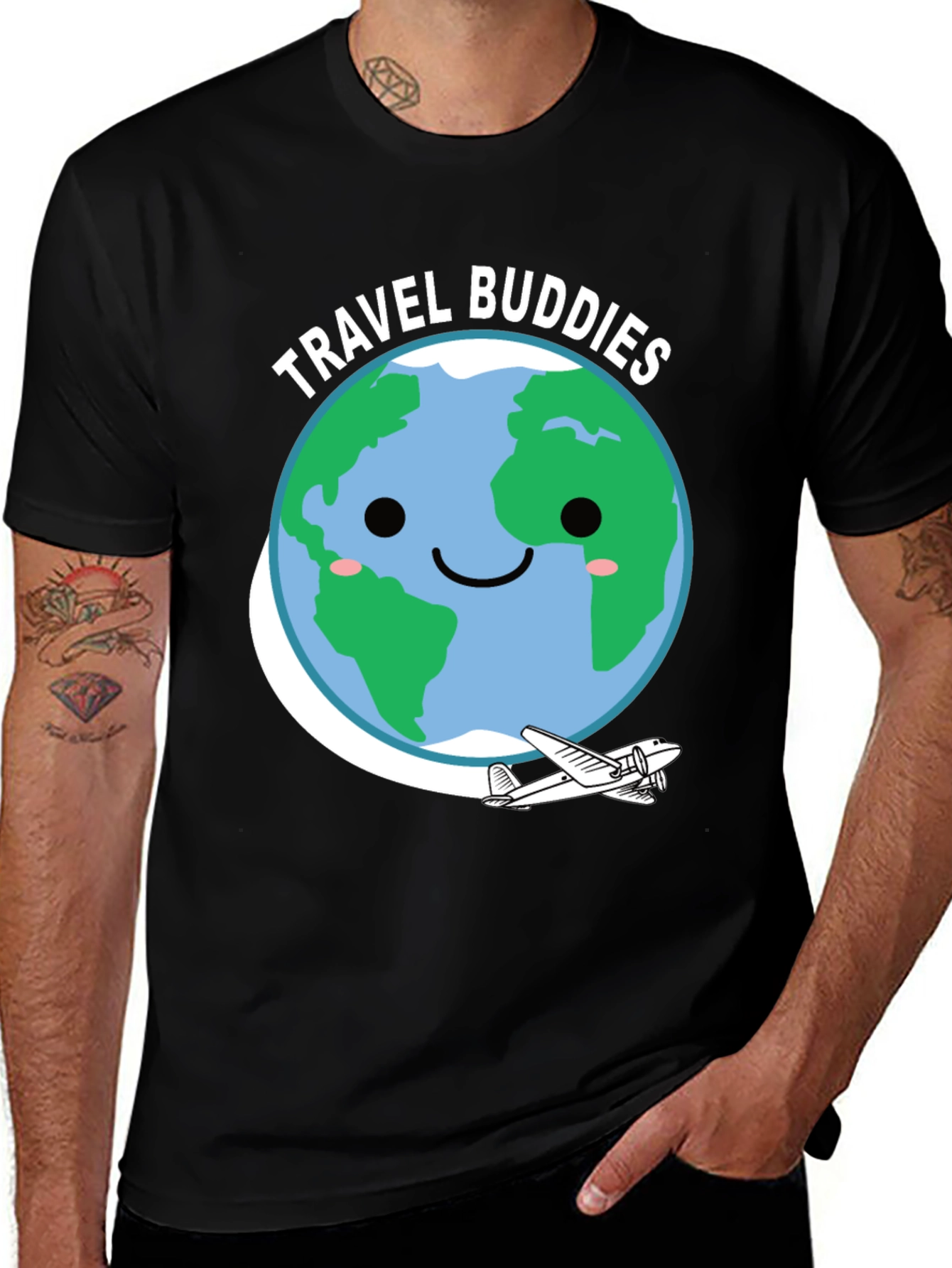 Travel Buddies Graphic Tee - Earth & Airplane Design