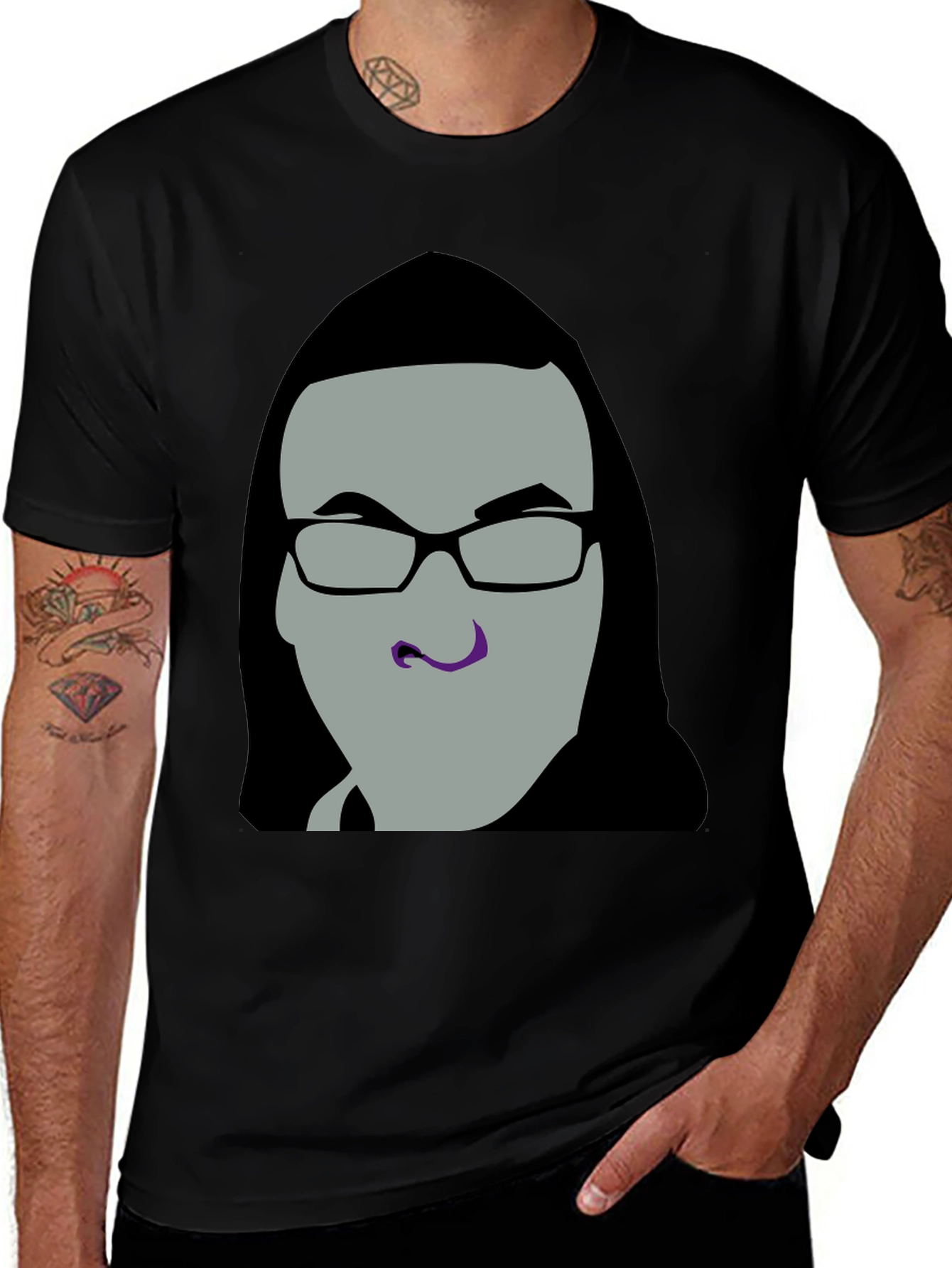 Black Graphic Tee - Man with Glasses main image