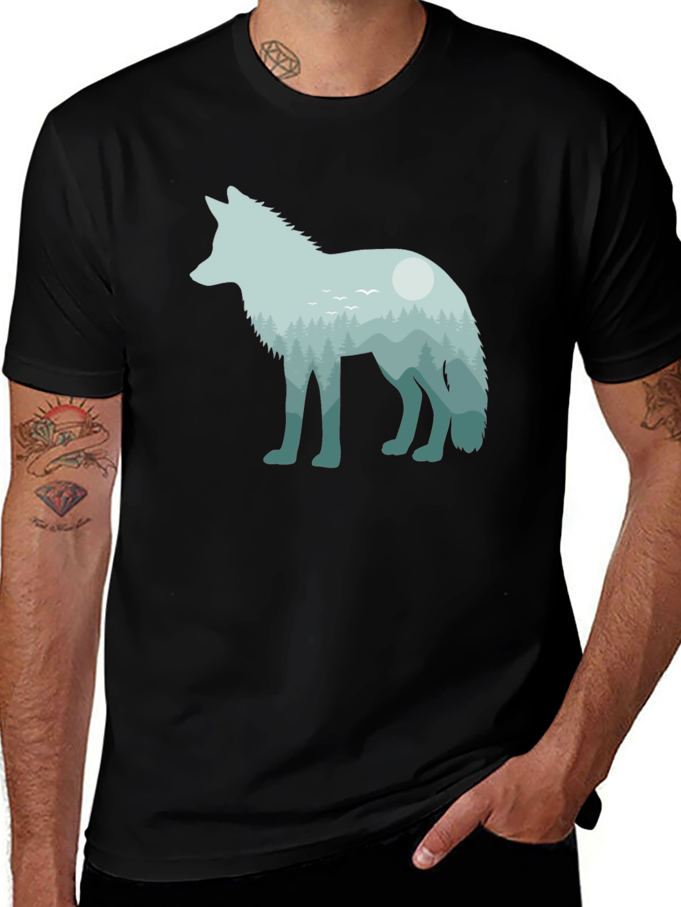 Black Wolf Nature Scene Graphic Tee - Unisex Black T-Shirt main image