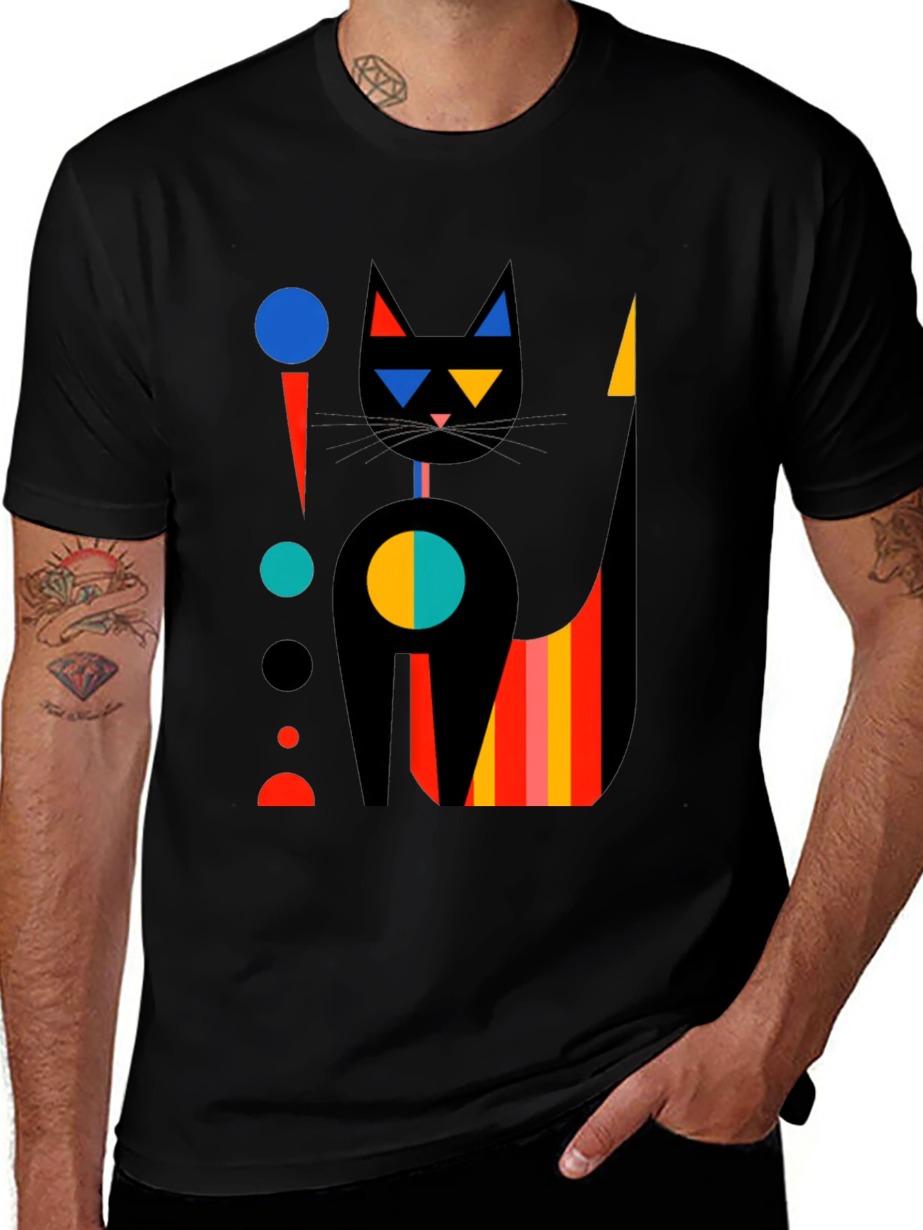 Variant 9 of Abstract Geometric Cat Graphic Tee - Stylish Black T-Shirt