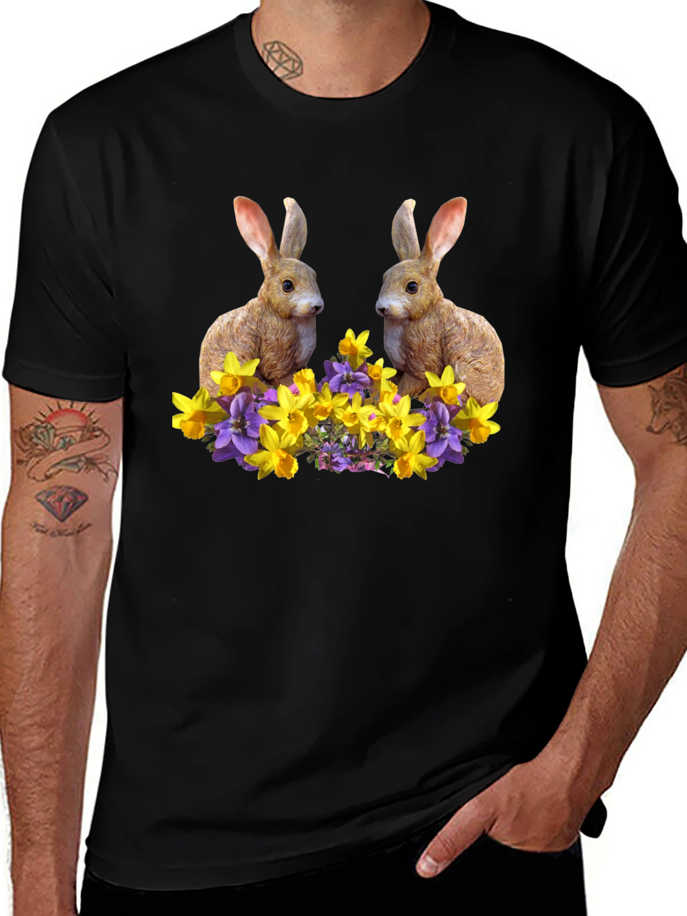 Variant 10 of Bunny & Floral Print Black T-Shirt