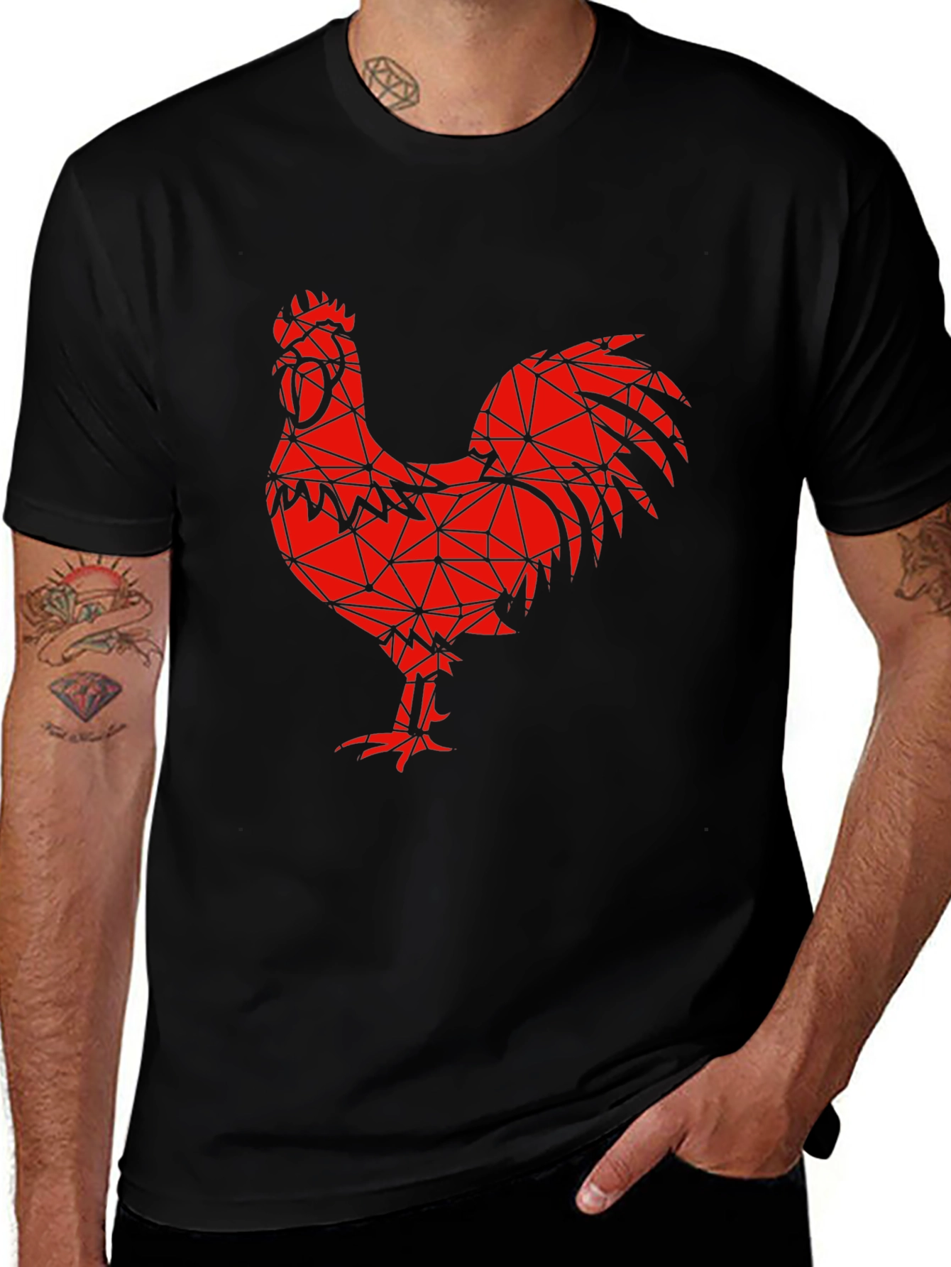 Variant 11 of Geometric Rooster Graphic Tee - Black Cotton Blend Shirt