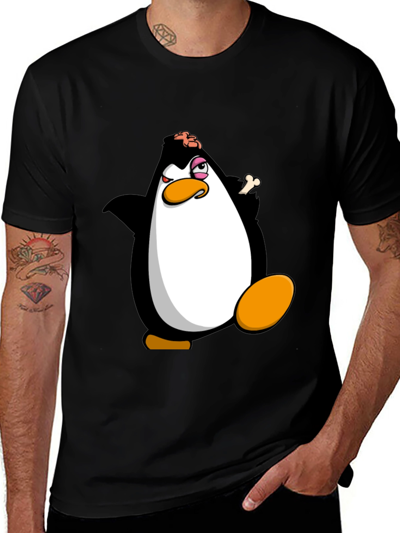 Black Funny Penguin Cartoon Graphic Print Black T-Shirt main image