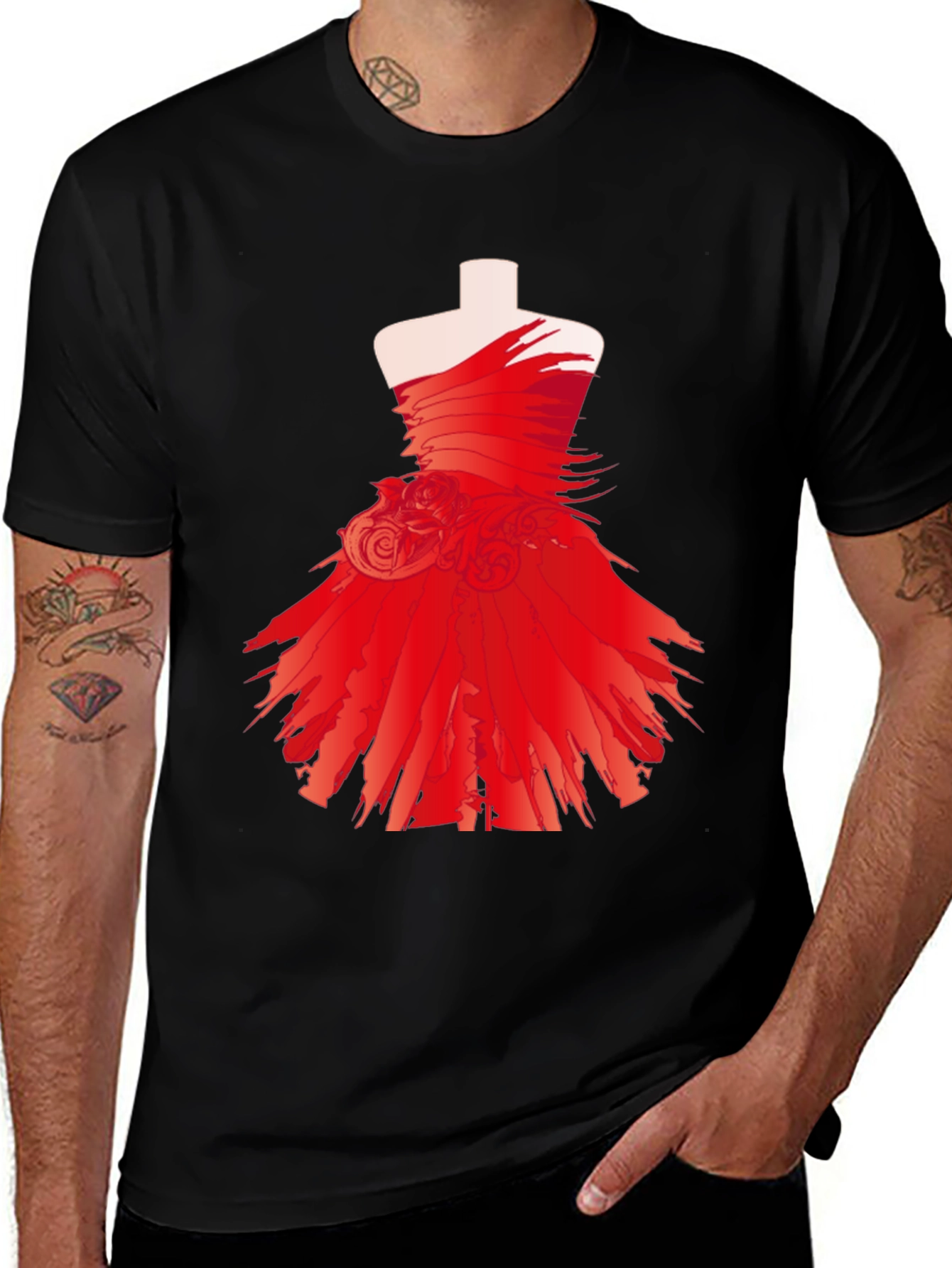 Variant 25 of Statement Black Tee with Red Dress Design
