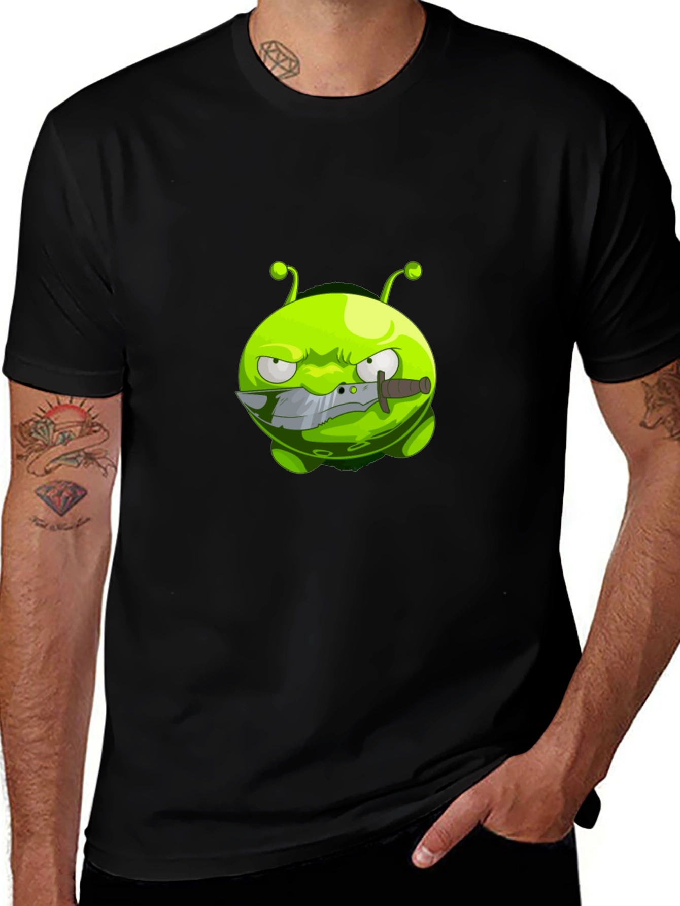 Men's Black T-Shirt with Cartoon Alien Graphic