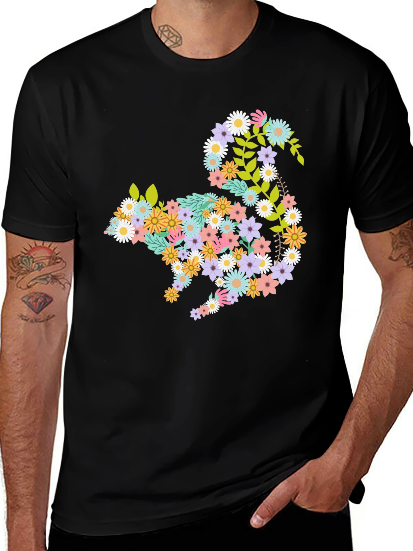 Variant 18 of Floral Squirrel Graphic Tee - Black Cotton Comfort