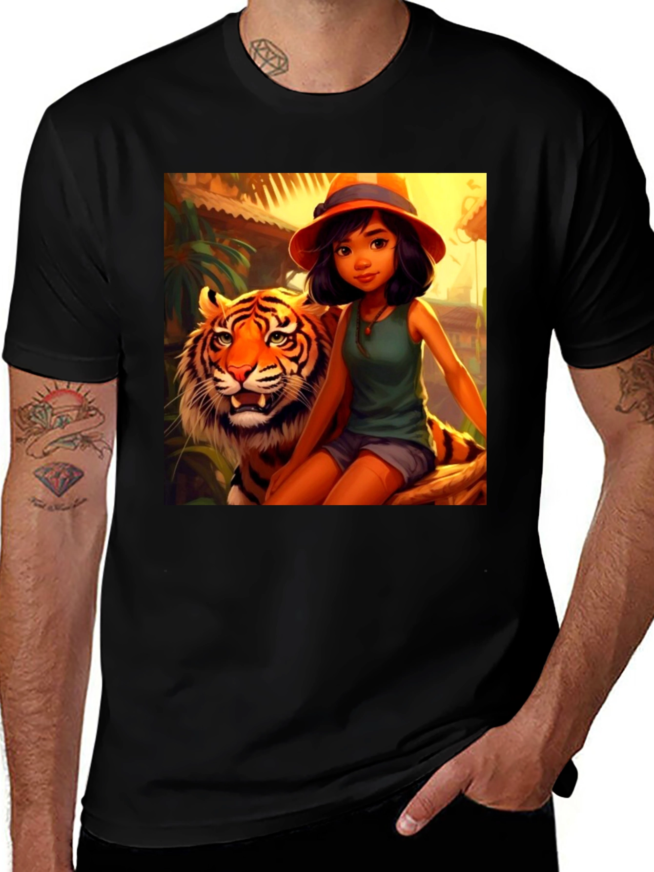 Variant 13 of Jungle Girl & Tiger Graphic Tee - Black Unisex T-Shirt