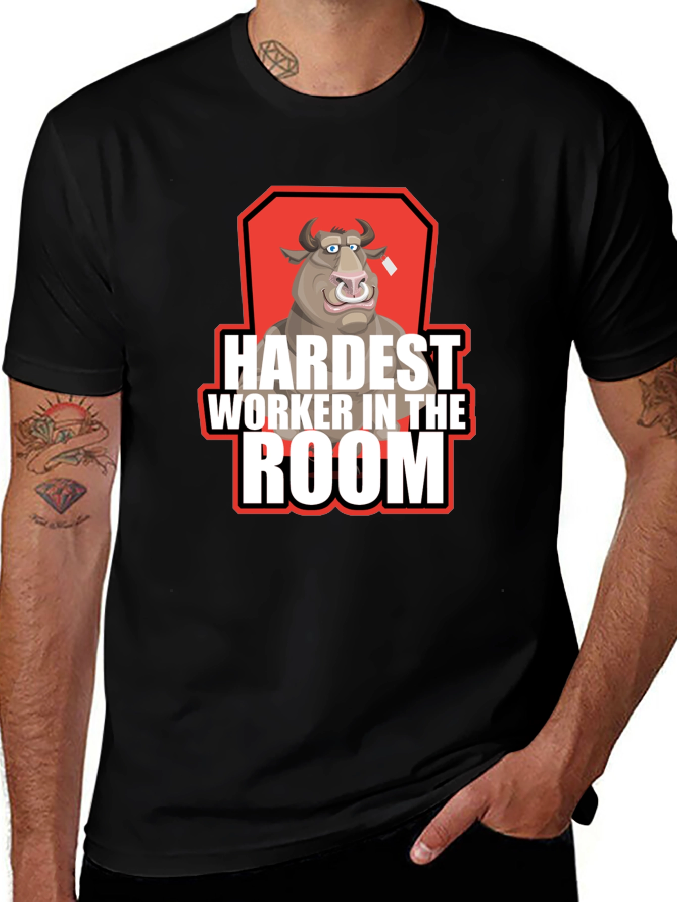 Variant 2 of Hardest Worker Bull Graphic Tee - Black Crew Neck Shirt