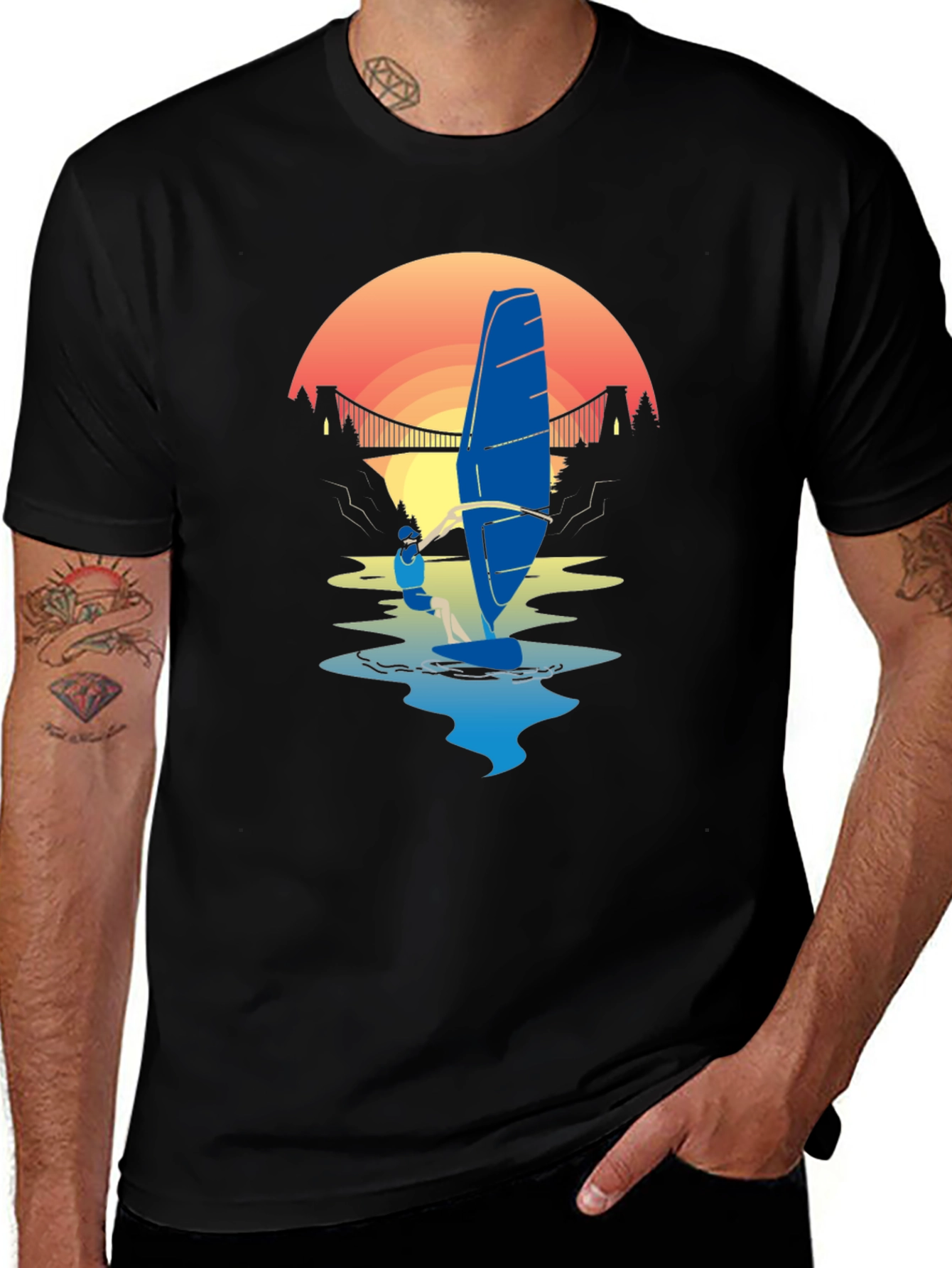 Variant 5 of Windsurfer Sunset T-Shirt - Black Graphic Tee