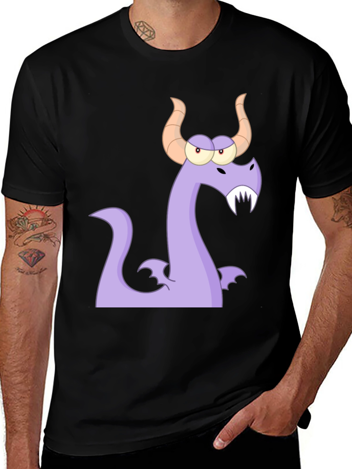 Variant 23 of Cartoon Dragon Graphic Tee - Black Cotton T-Shirt