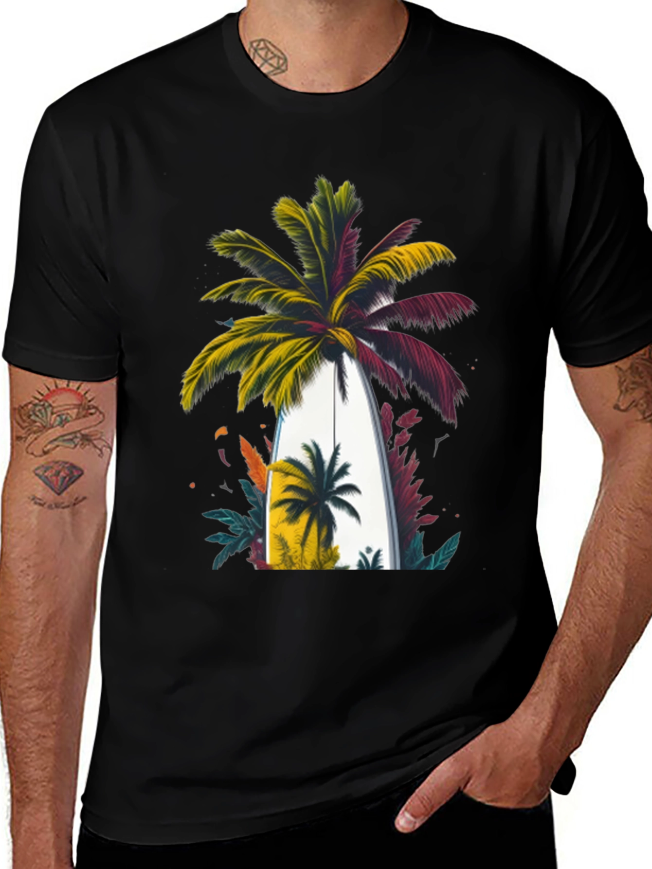 Tropical Palm Surfboard Graphic Tee