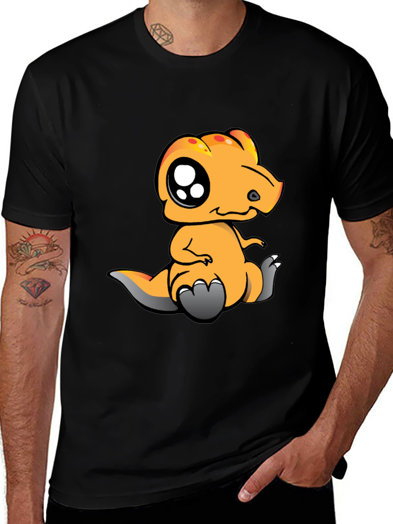 Variant 25 of Cartoon Dinosaur Graphic Tee - Black Cotton T-Shirt