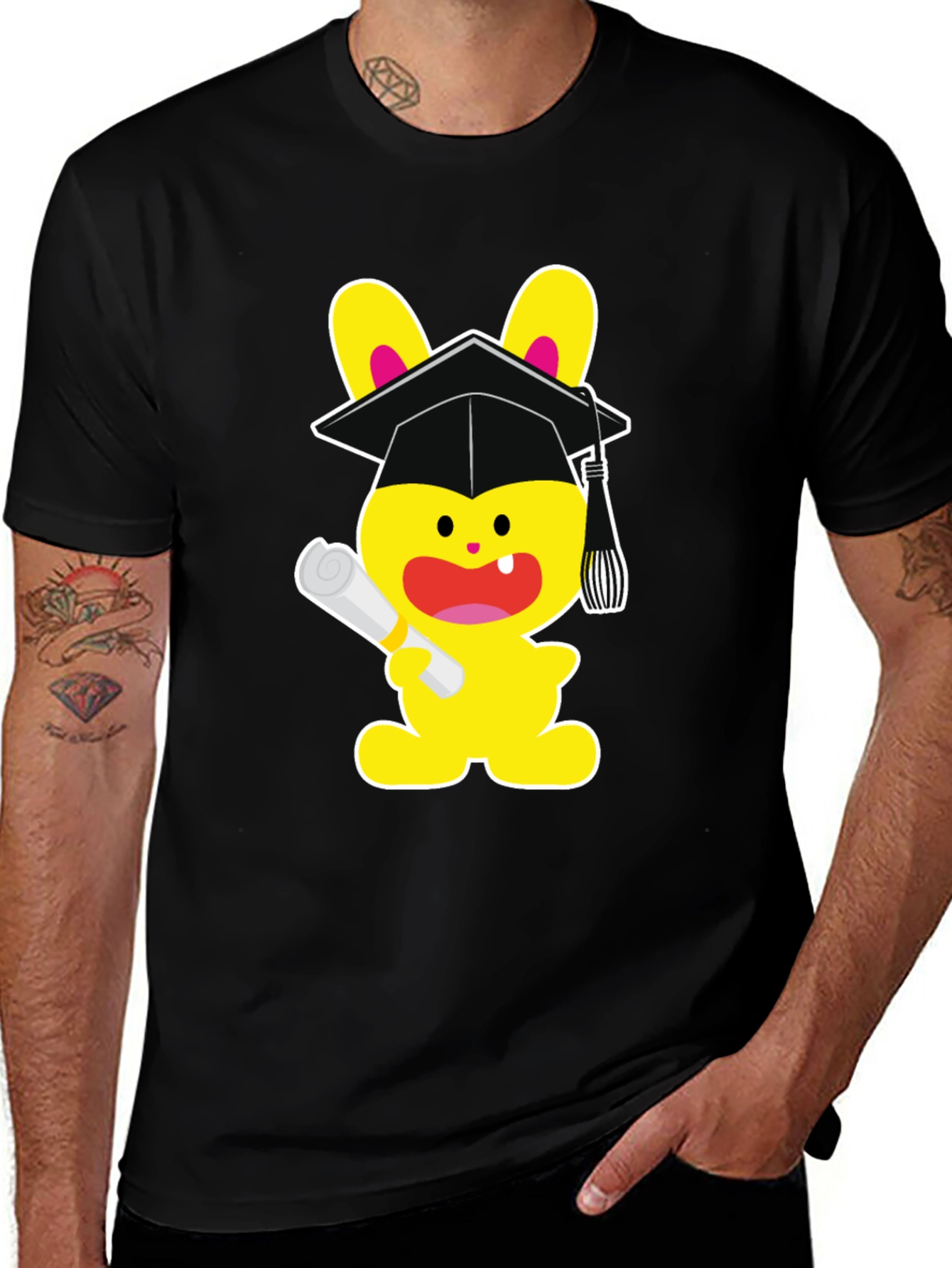 Variant 7 of Graduation Bunny Graphic Tee - Black Cotton Blend