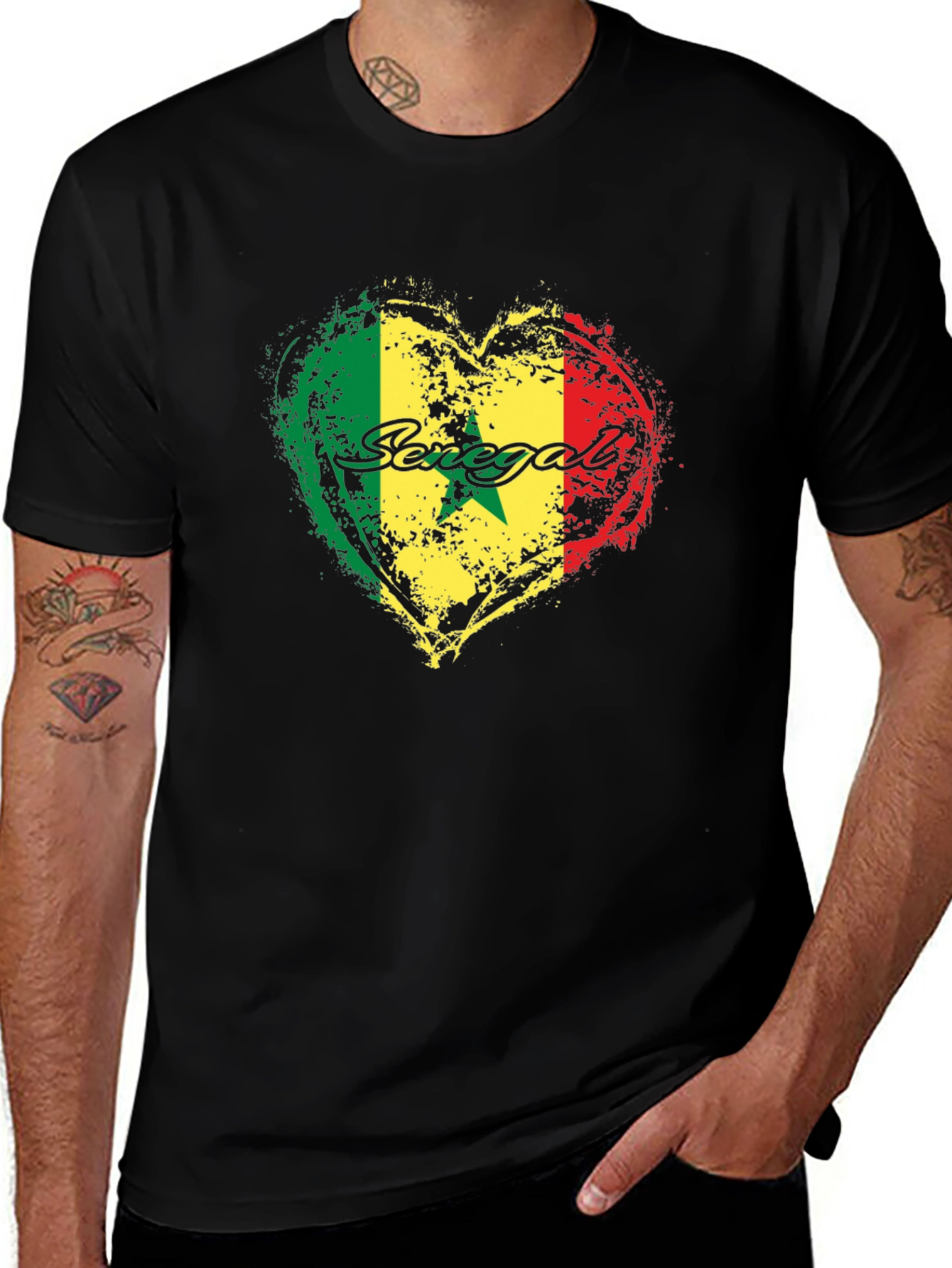 Senegal Heart Flag Graphic Black T-Shirt