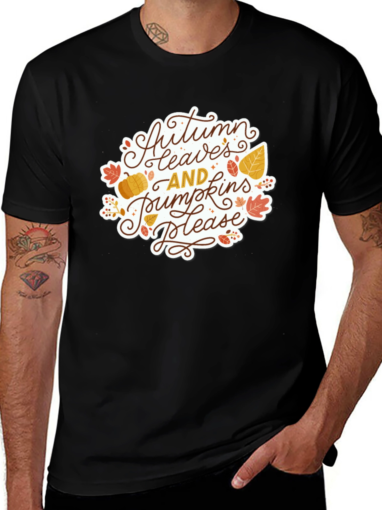 Autumn Leaves & Pumpkins Please Black T-Shirt