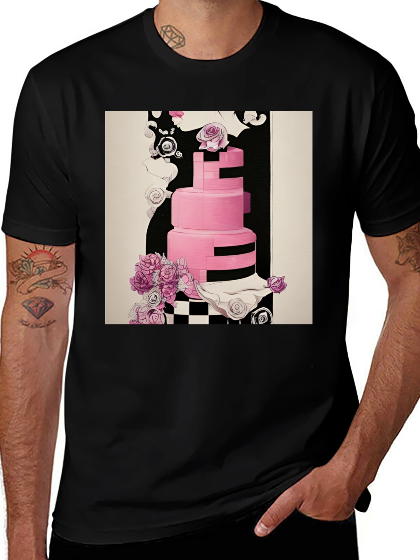 Abstract Cake Graphic Tee - Stylish Black Cotton T-Shirt