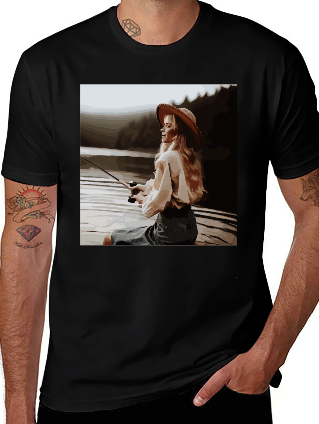 Variant 24 of Woman Fishing Graphic Tee - Black Cotton T-Shirt