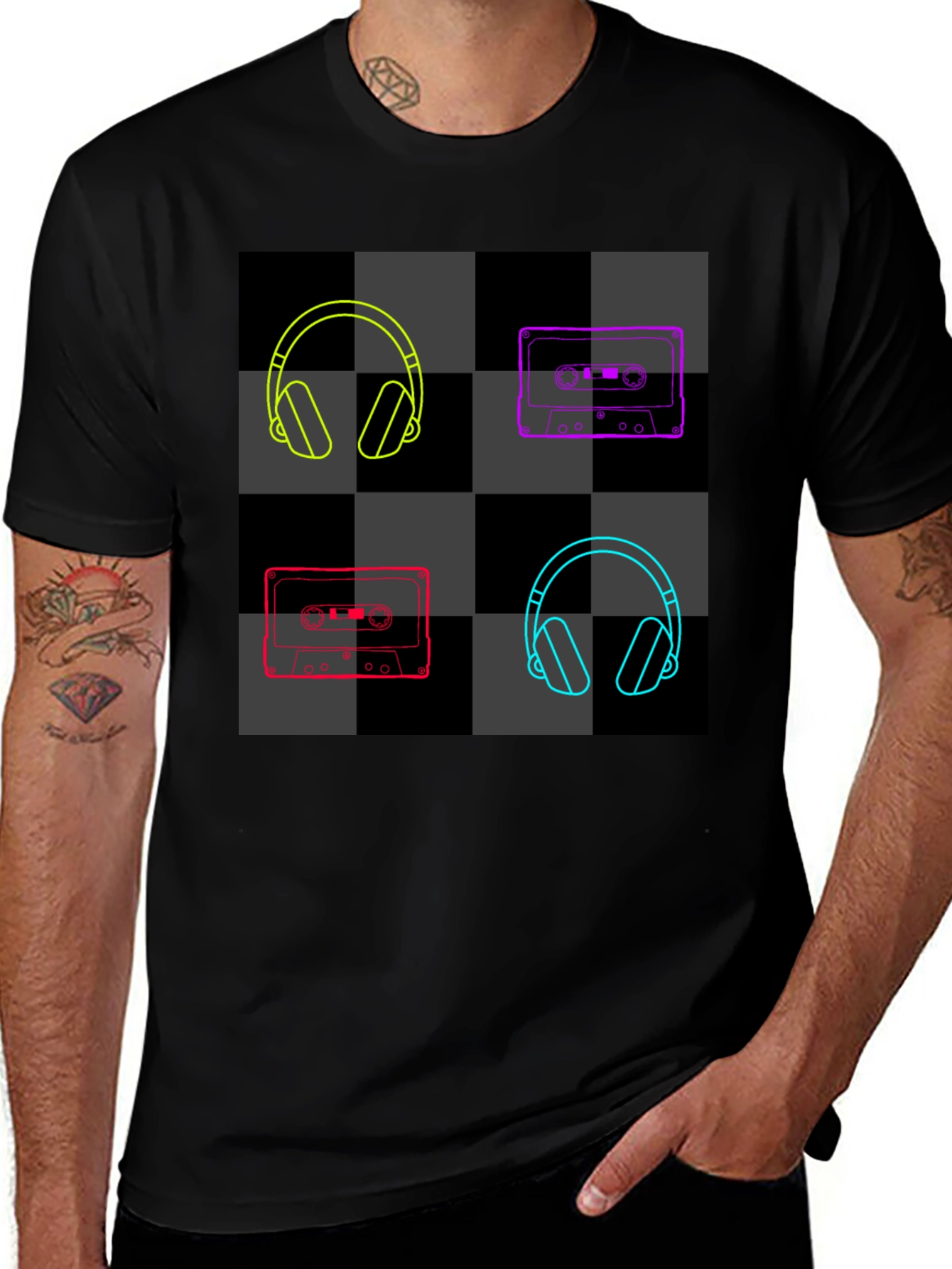 Retro Music Black T-Shirt: Headphones & Cassettes