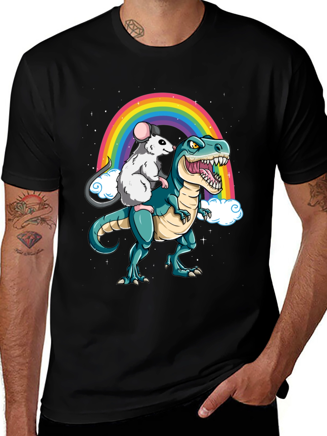 Variant 9 of Rat Riding Dinosaur Rainbow Graphic Tee