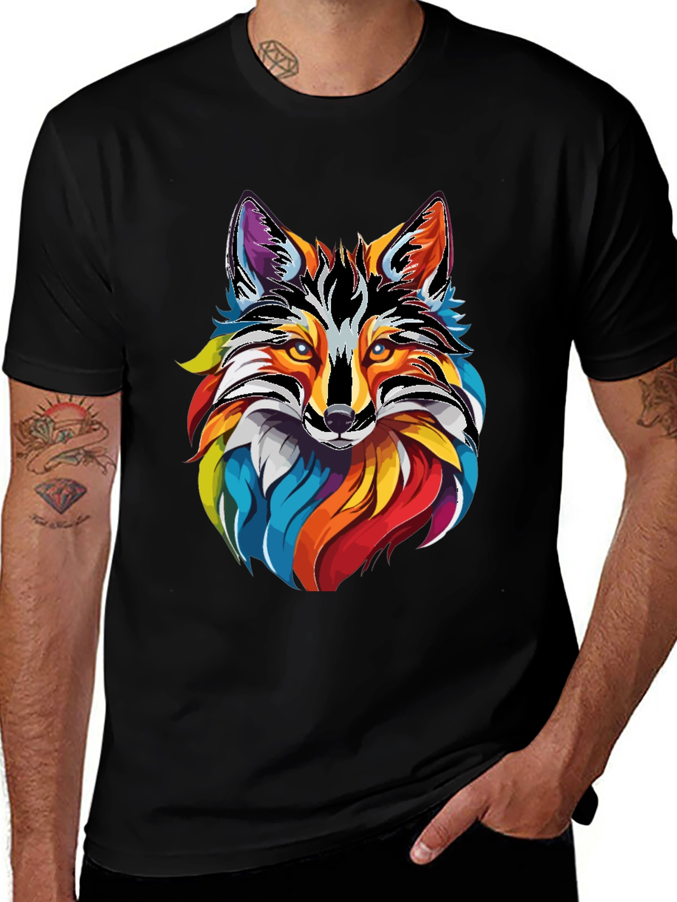Variant 22 of Vibrant Fox Graphic Tee - Men's Black Cotton T-Shirt