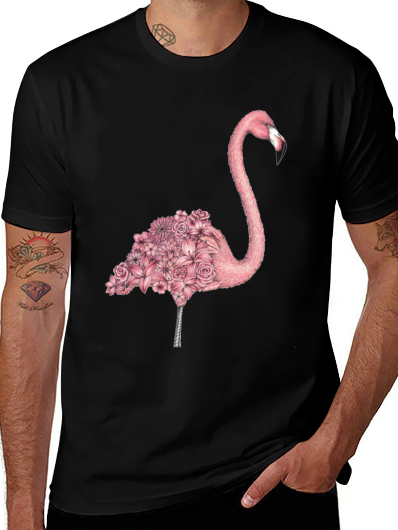 Variant 6 of Floral Flamingo Graphic Tee - Men's Black T-Shirt